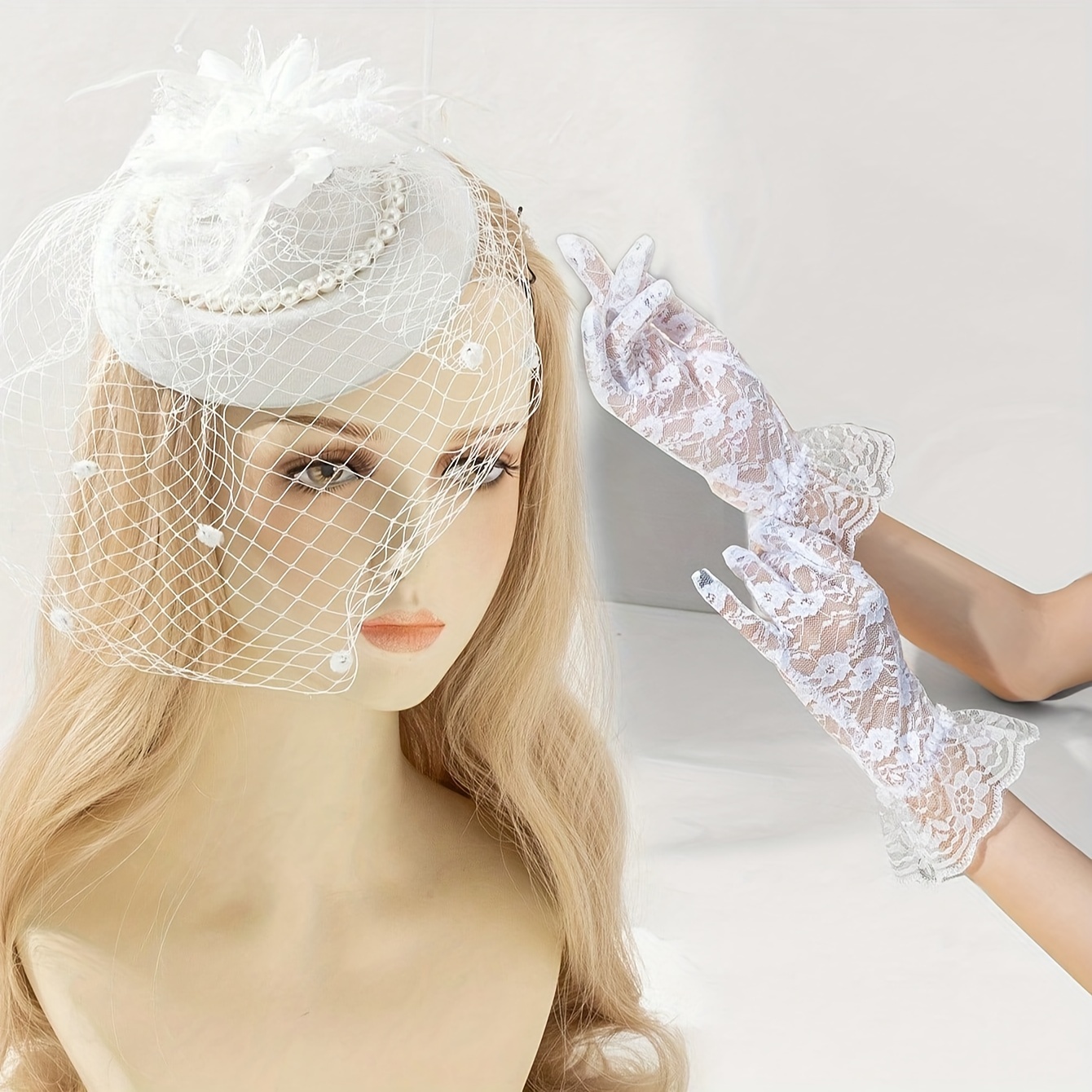 Image of 2pcs Set Including 1pc Mesh Pearl Feather Decorator Hat And 1 Pair Lace Full-finger Gloves
