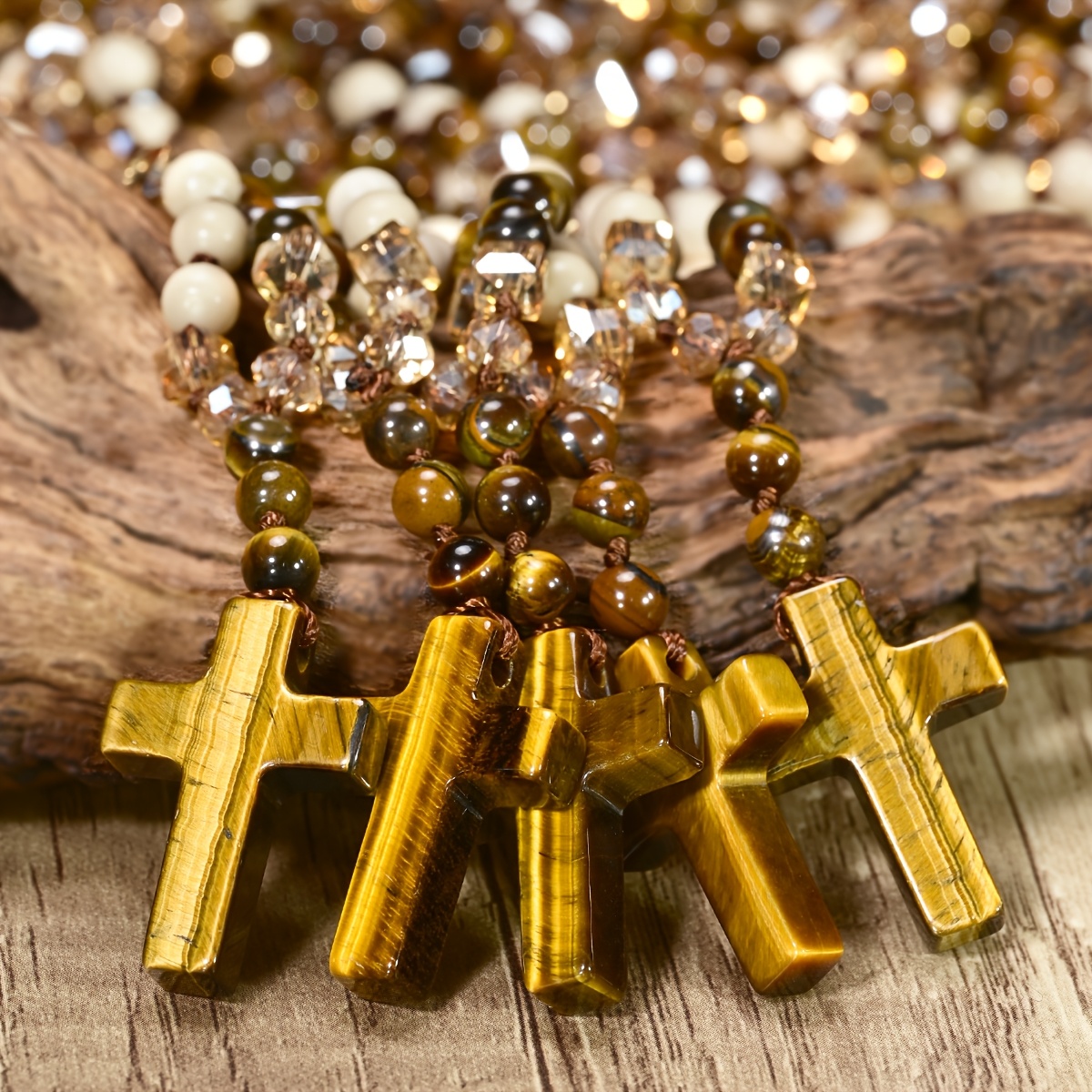 Unisex Natural Tiger Eye Cross Pendant Necklace