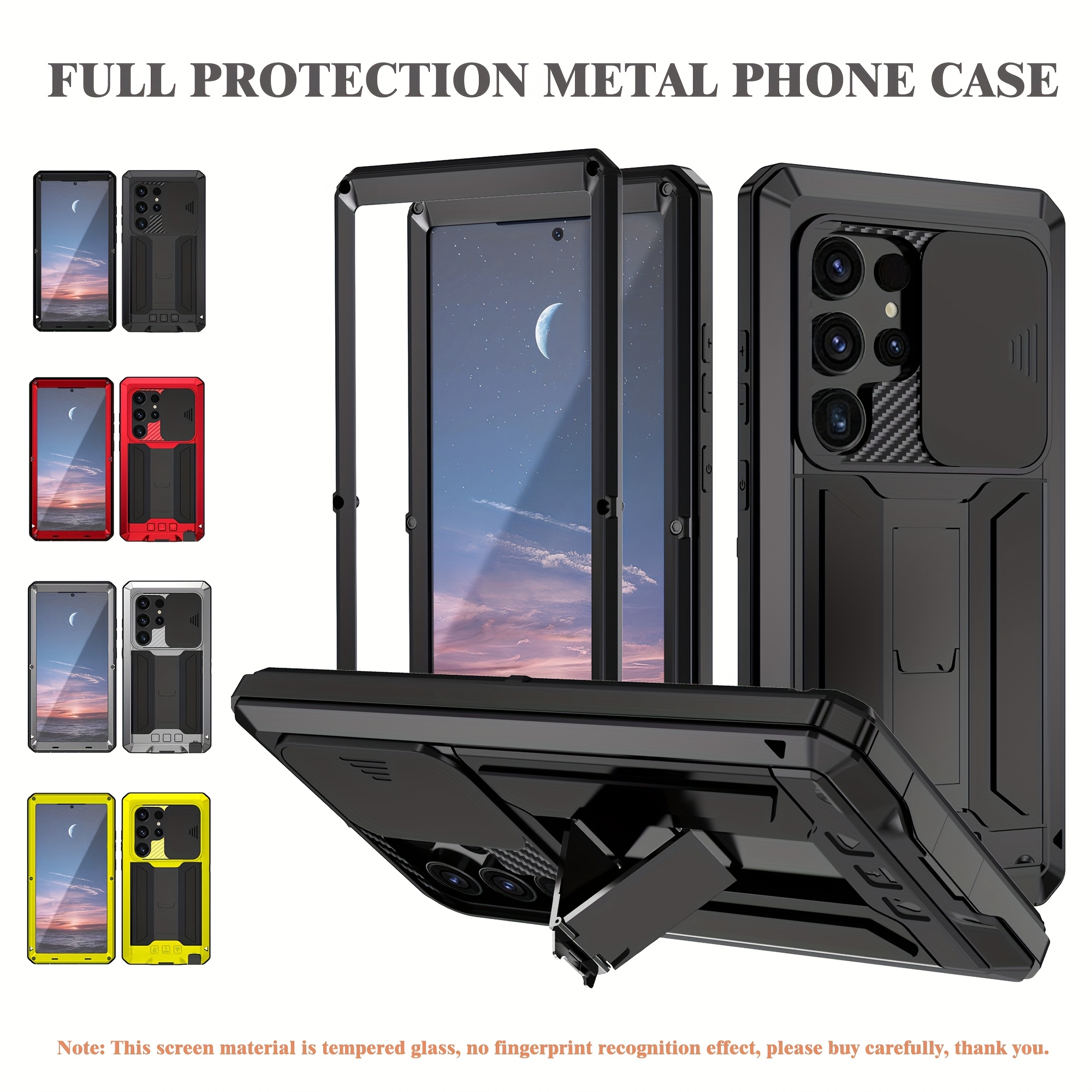 

Luxury Aluminum Bumper Case S24 And S23 Ultra, Featuring Shockproof Protection, A Sliding Camera Cover, And A Screen Protector Holder.