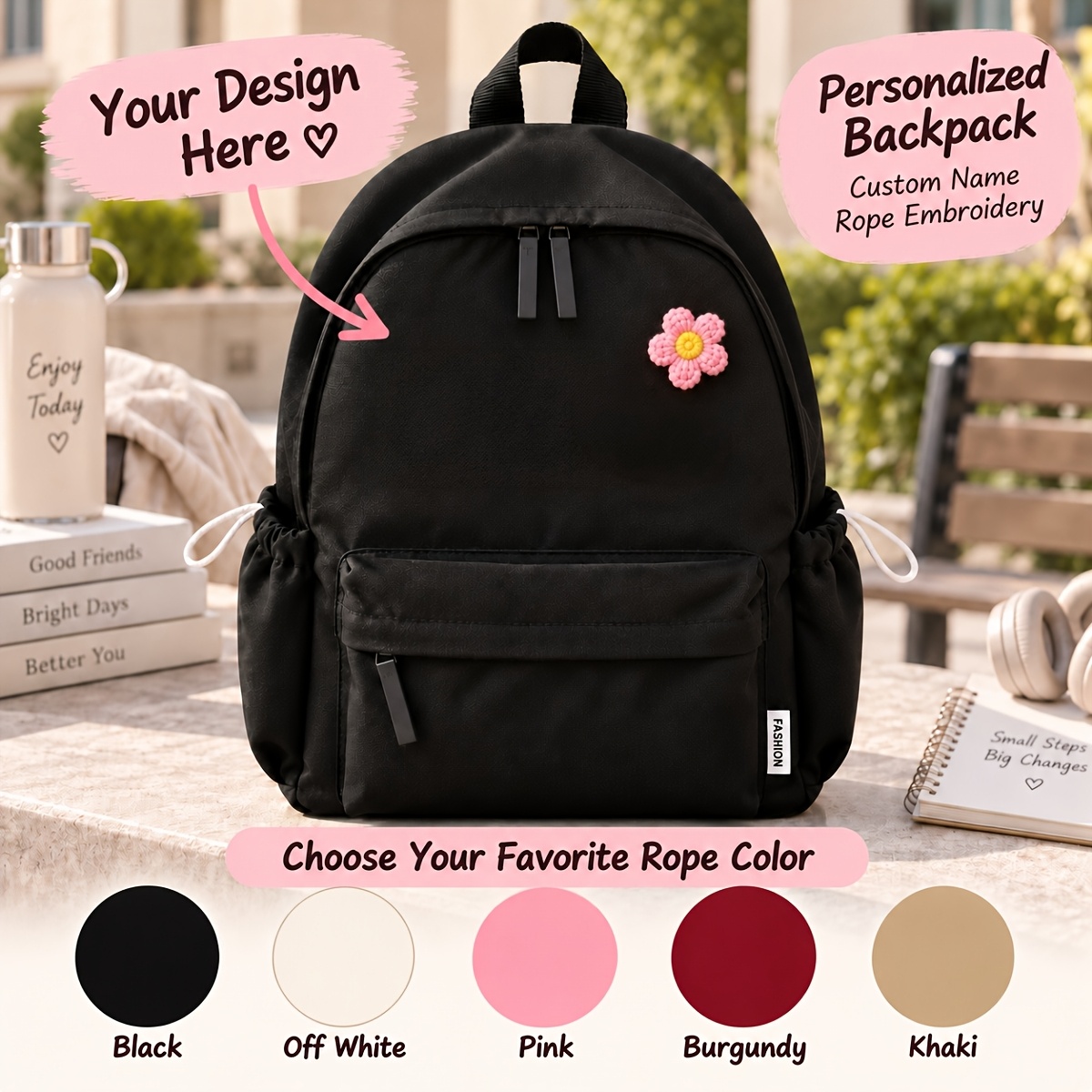 TEMU Custom Name Backpack For Women And, Personalized Rope Embroidery School Bag With Cute Flower, Oxford Cloth Casual Travel Bag, Custom Birthday