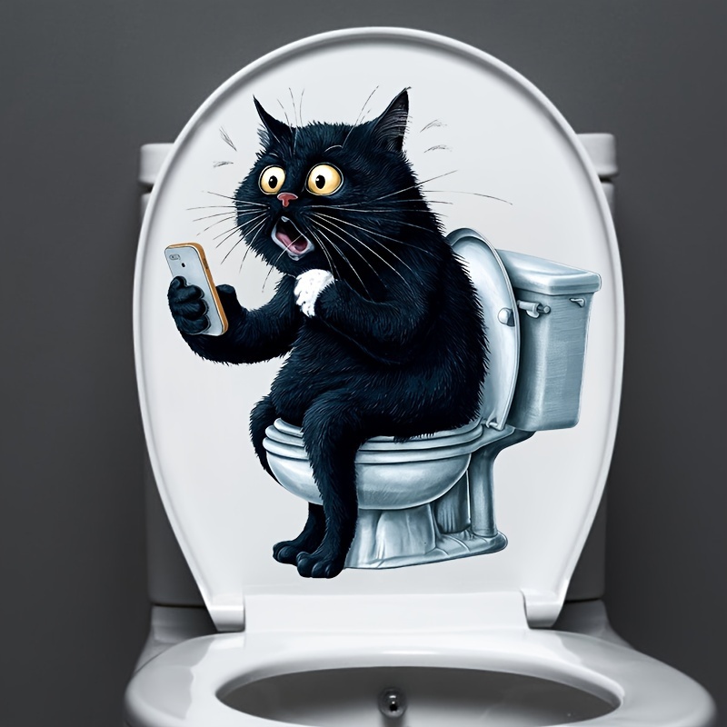 

1pc Black Cat On Toilet With Smartphone Sticker - Humorous Home Decor, Easy-to-apply Ceramic Tile & Water Decal, , Cat Bathroom Decor