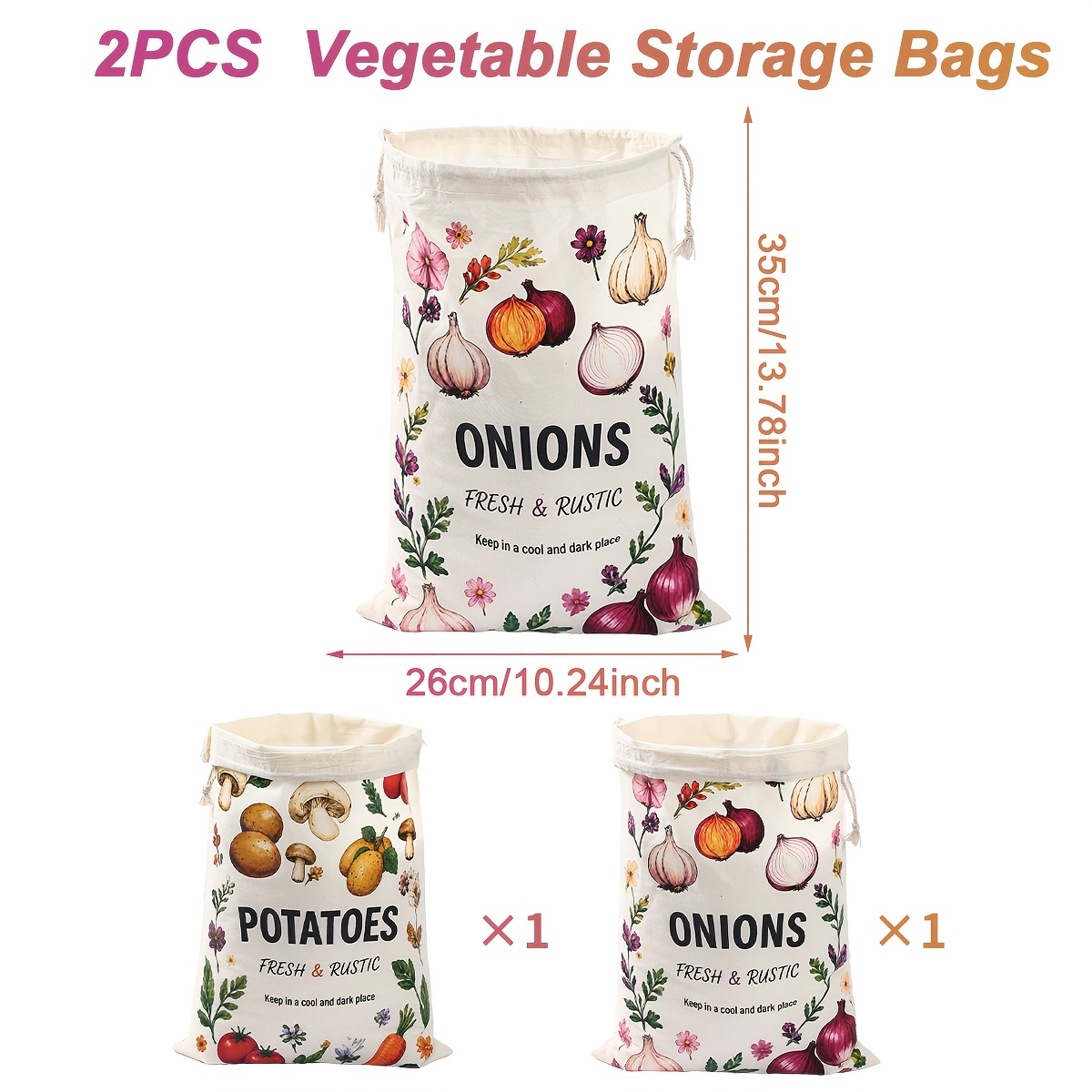 TEMU 2 piezas, Bolsas grandes con cordón para verduras, Bolsas con diseño de verduras, Bolsas de almacenamiento para patatas y cebollas, Bolsa de