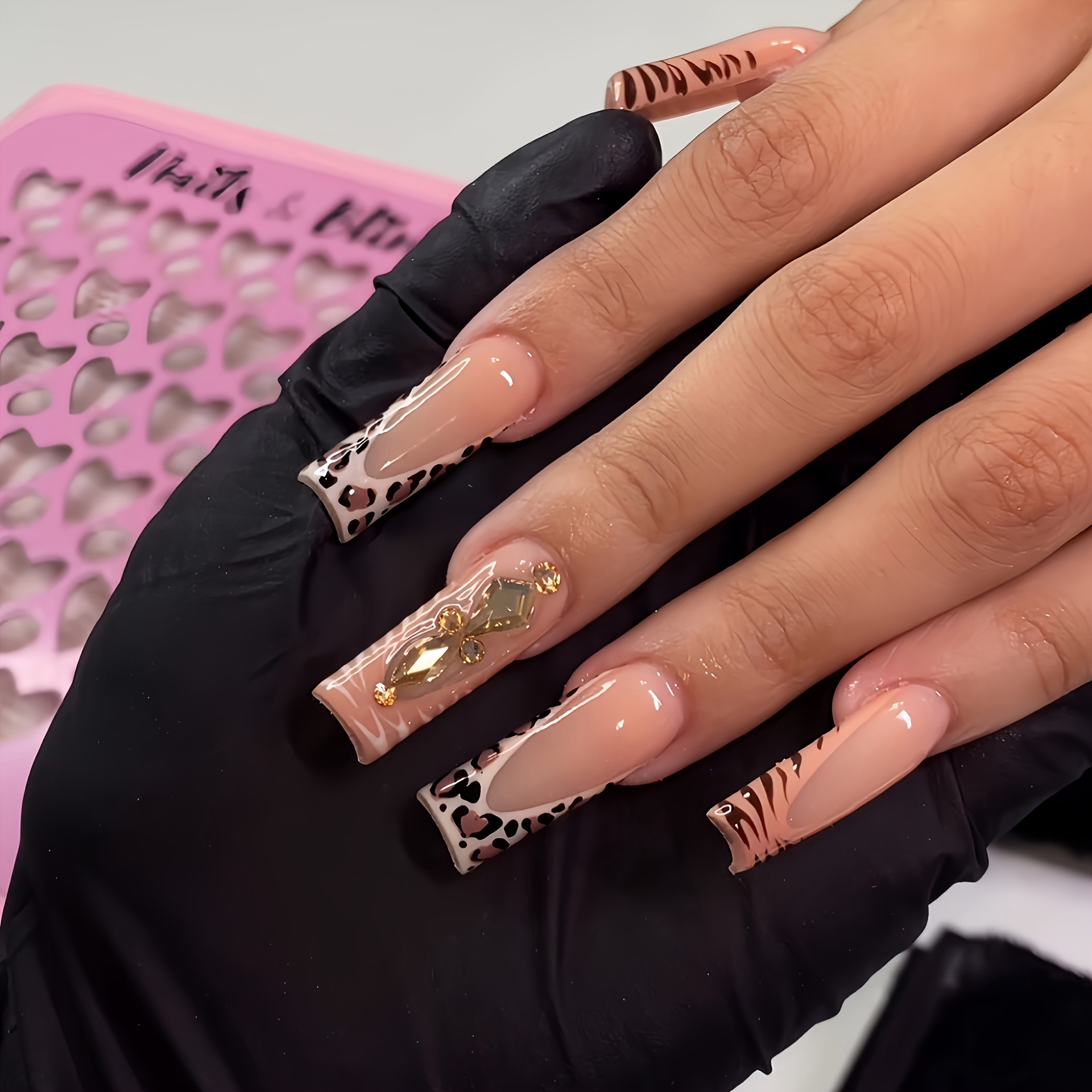 TEMU 1 Set 24pcs Long Square Press-on False Nails French Luxurious Golden Rhinestone Fashionable Elegant Leopard Print Suitable For All Women And Box