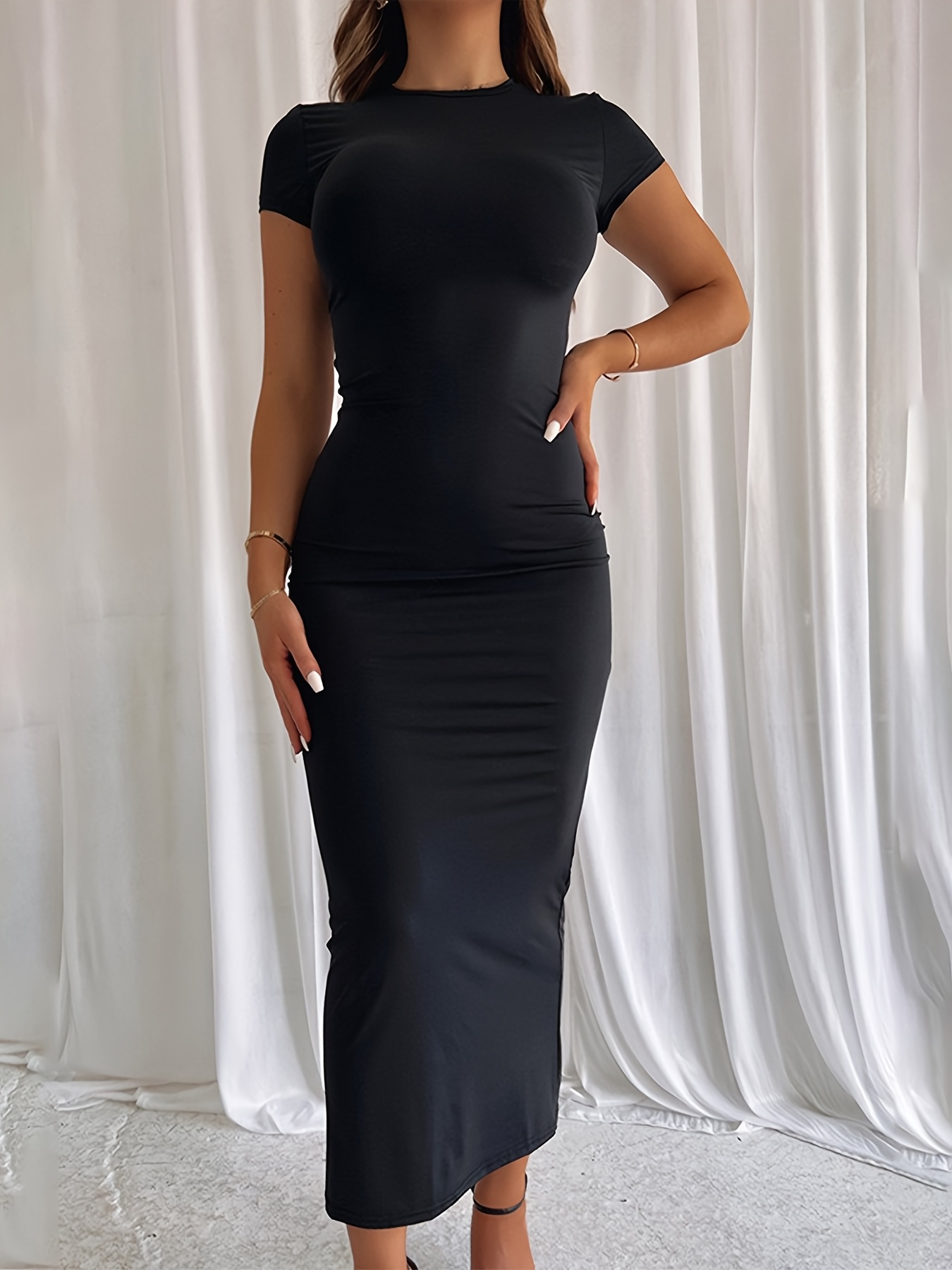 Women's Bodycon Pencil Dress - Sexy Round Neck Short Sleeve Long Sleeveless Alternative - Machine Washable Stretchy Fabric - Solid Color Elegant Office to Party Wear, Formal Occasion, Formfitting Silhouette, Smooth Texture, Professional Women