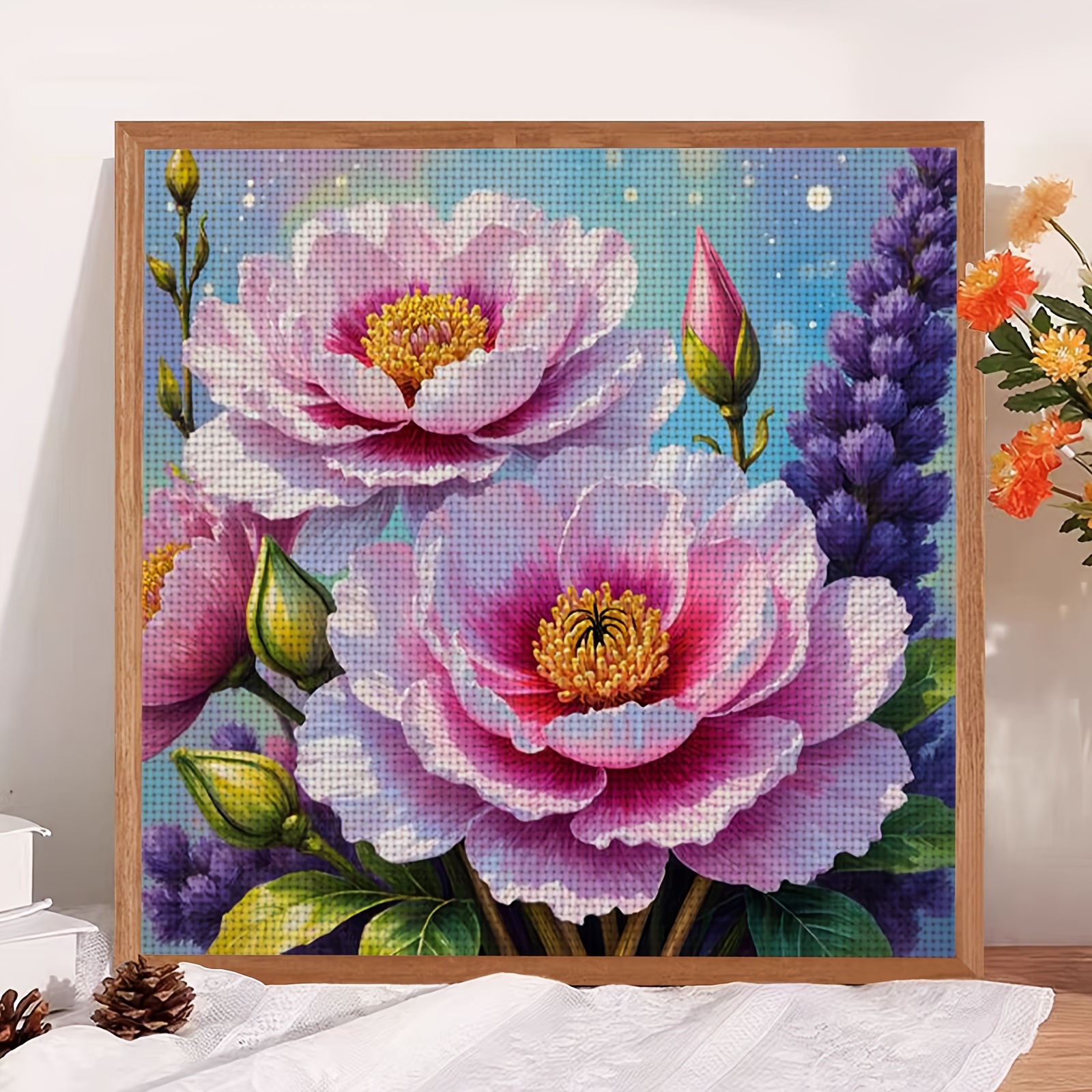 DIY Cross-Stitch Printed Kit, Pink Peonies & Purple Spikes Design