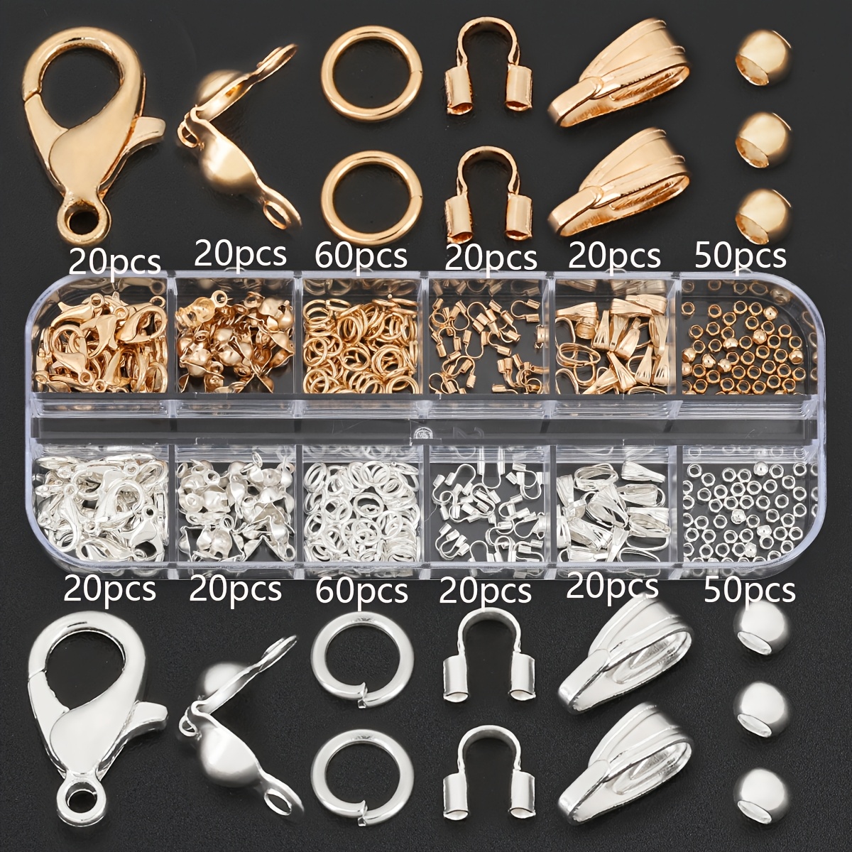 TEMU 380pcs/box Kc Golden And Silvery Jewelry Clasp Parts Set, Including 120pcs Jump Rings, 100pcs Spacer Beads, 40pcs Lobster Clasps, 40pcs Bag