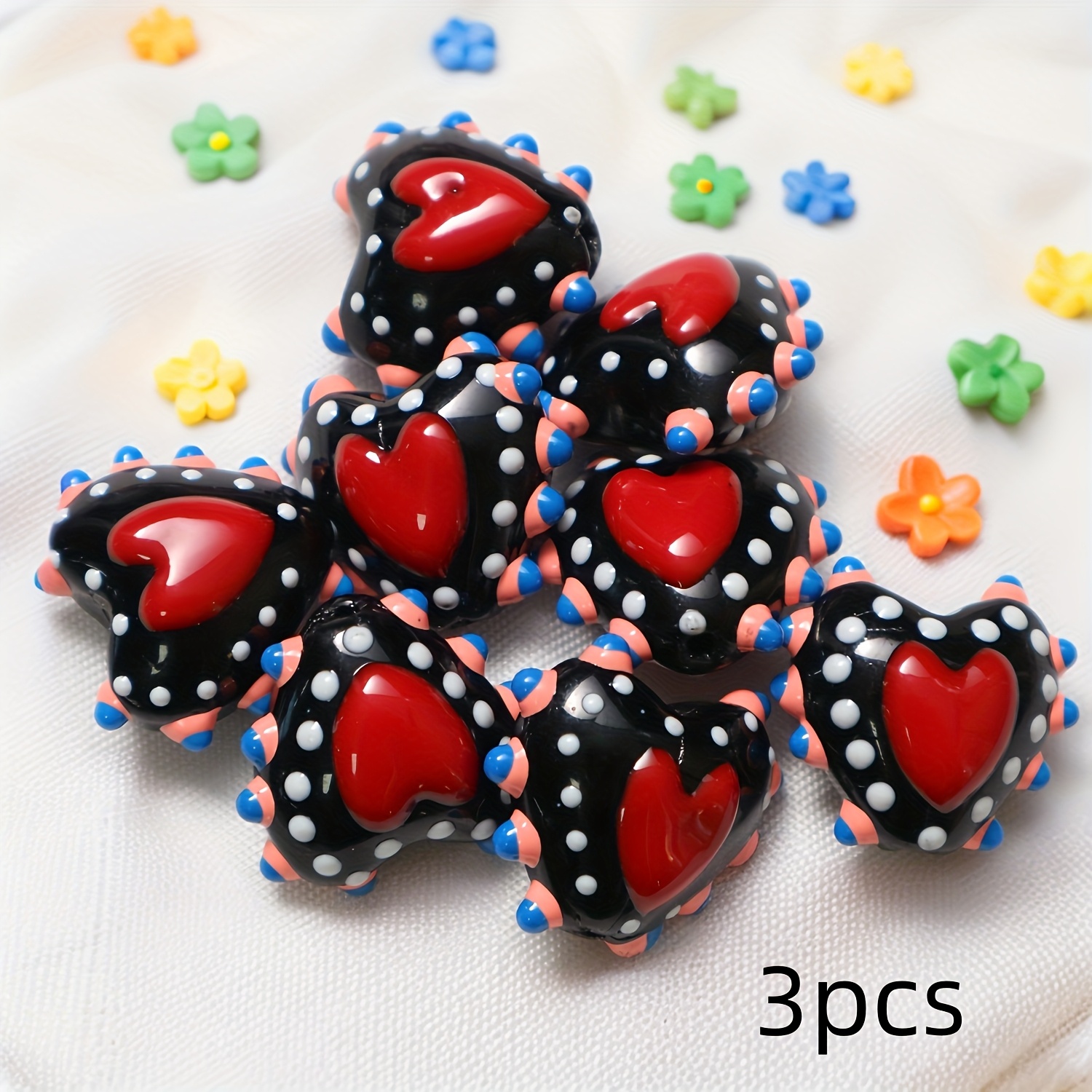 TEMU 3 Colorful Dotted Heart Glass Beads, Hand-painted Random Mixed-color Red Heart Style, Suitable For Diy Art Necklaces, Bracelets, Earrings, And