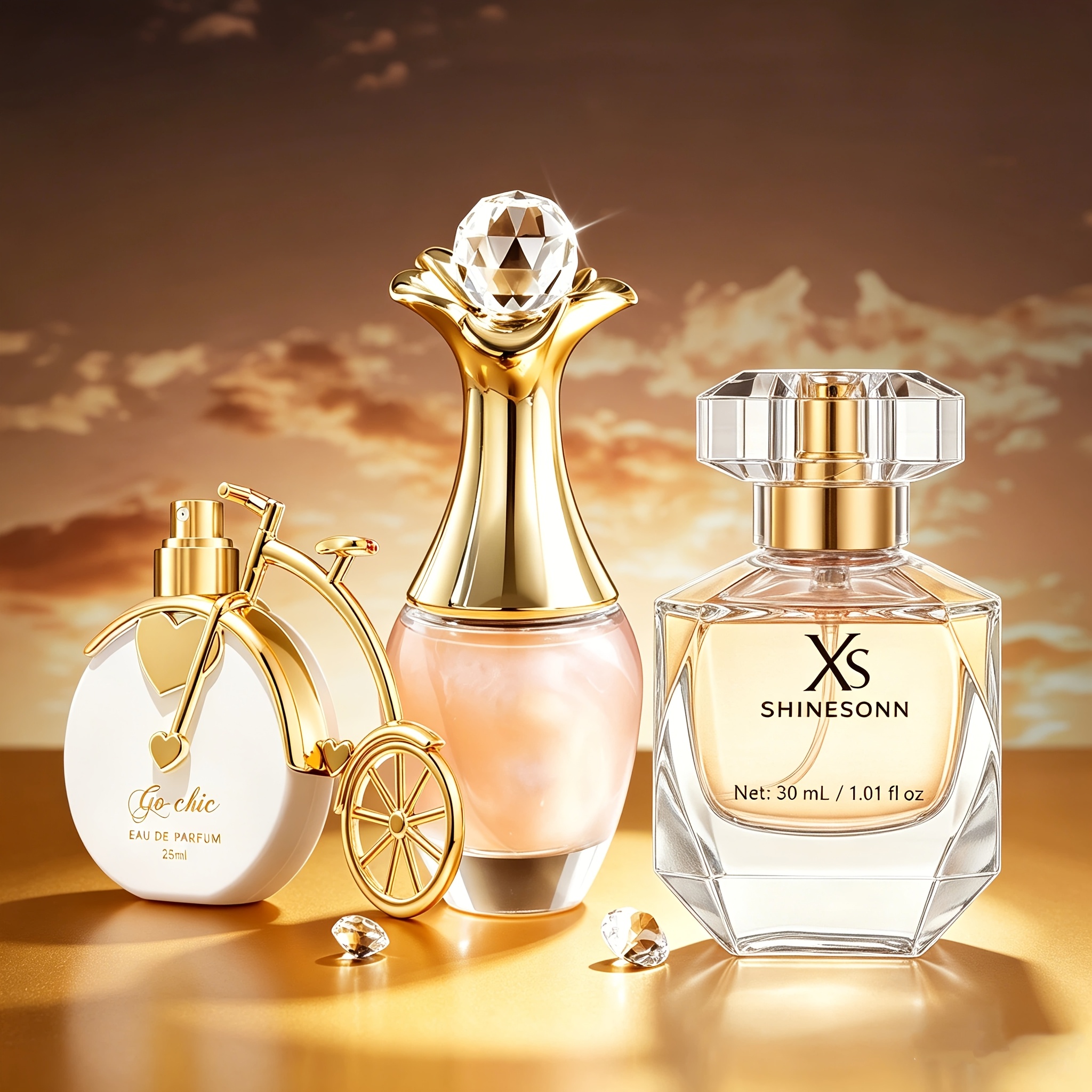 Image of 3pcs Perfume Set Total 105ml, Bicycle + Vase + Diamond Shaped Bottles, Oriental Floral + Scent, Long Lasting, Cost- Gift For Mother's Day Birthday Use