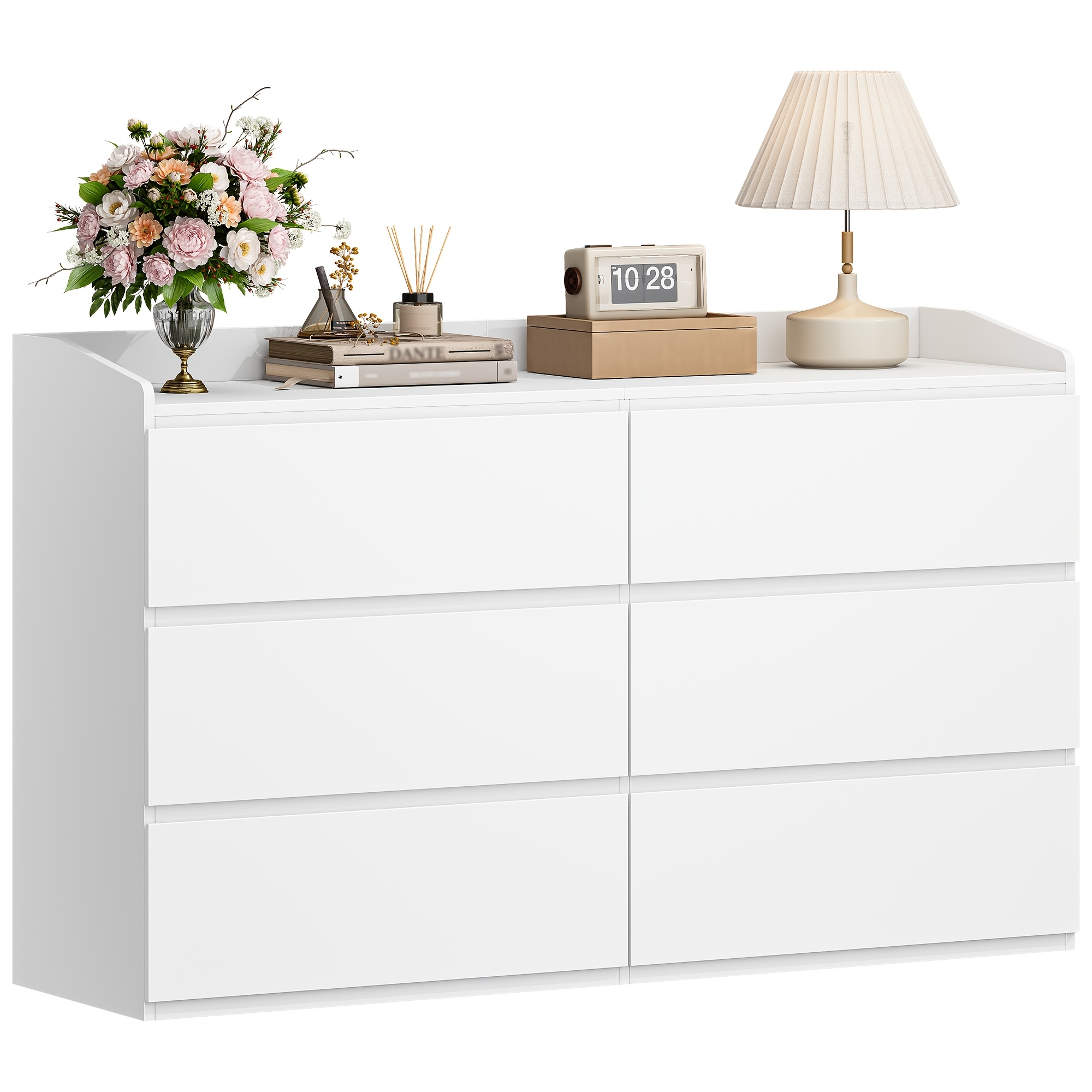 138 Cm Chest Of Drawers, 6-drawer Dresser, Side Cabinet Surface, Locker With Top Railing, , Suitable For Living Room And Bedroom, 40 X 138 X 84 Cm, White