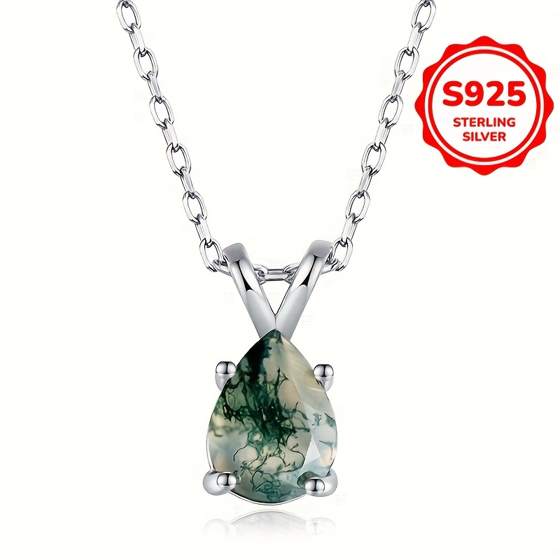 

Moss Agate Pendant Necklace 925 Sterling Silver Adjustable Neck Chain Decoration