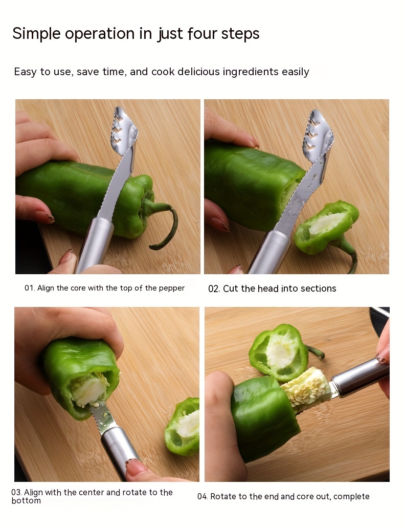 2-pack stainless steel pepper corer seed remover,     cutter, kitchen gadget for chili,  , green pepper details 1