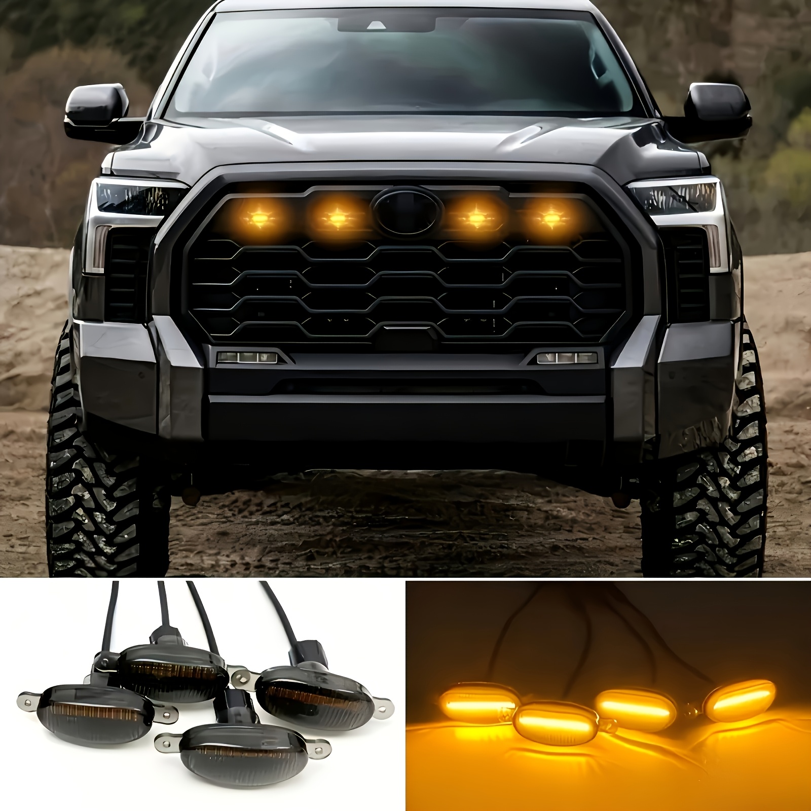 TEMU 4pcs Car Led Decorative Lights, Yellow Front Grille Lighting Kit, Hood Atmosphere Light, Flash, 12v Voltage, Suitable For Sedans Suv, Pickup