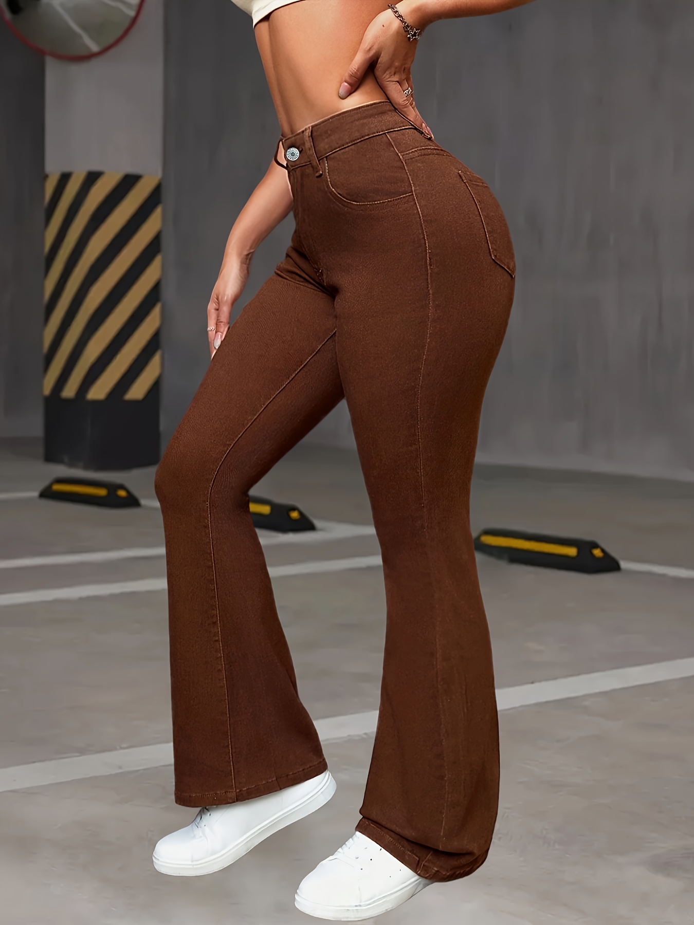 Women's High-Waisted Stretch Denim Flare Jeans in Coffee Brown - Comfortable All-Season Bell Bottoms with Button Closure, Slant Pockets, and High Elasticity Cotton Fabric