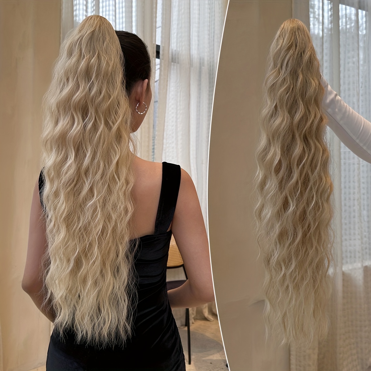 -colored, 28-inch Water Wave Ponytail Extension Made From Heat-resistant Synthetic Fiber, Designed For Short Hair And Use By Women