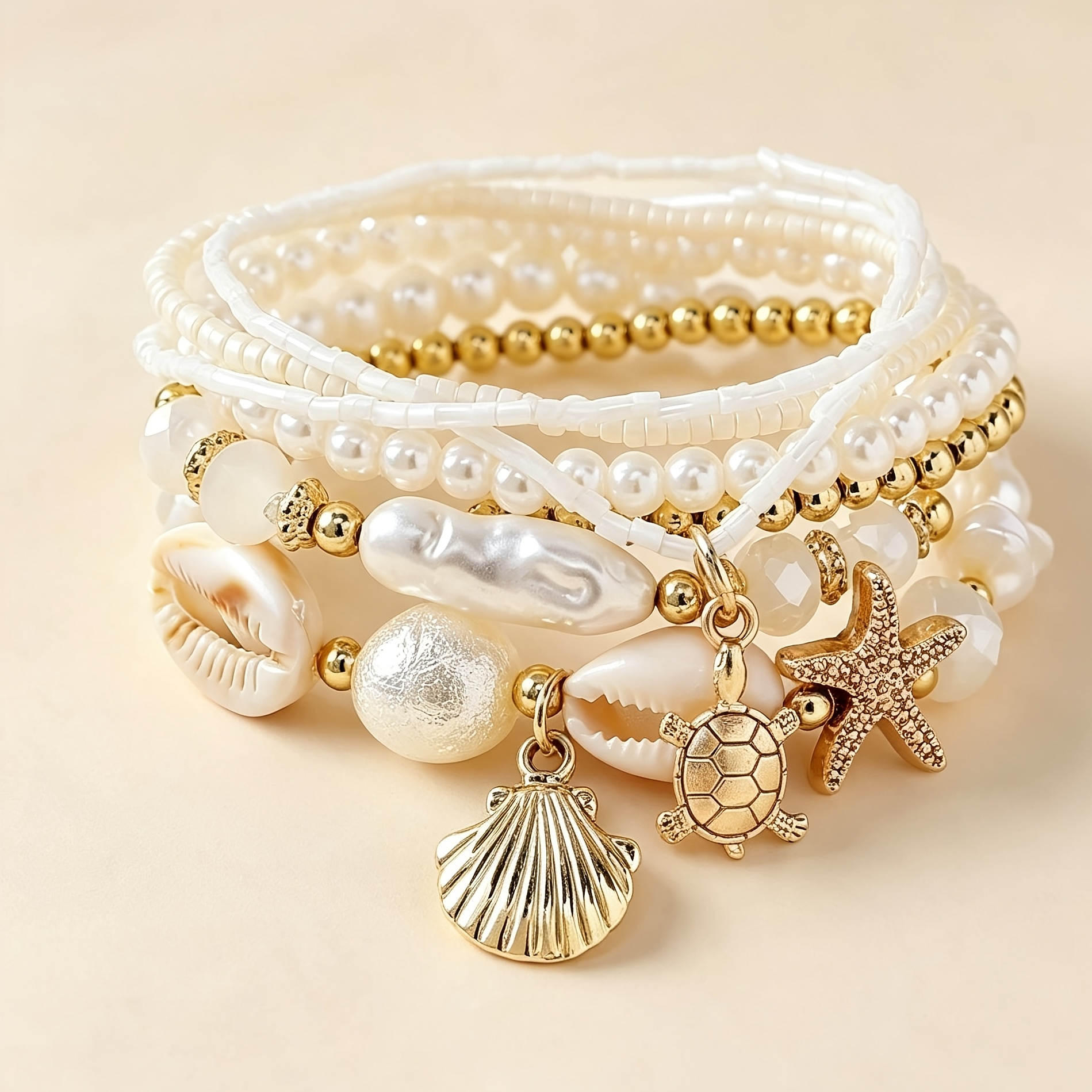 TEMU Ensemble de bracelets Boho empilables à perles, 7 pièces, bracelets de poignet multicouche océan étoile de mer, bijoux de mode de plage d'été,