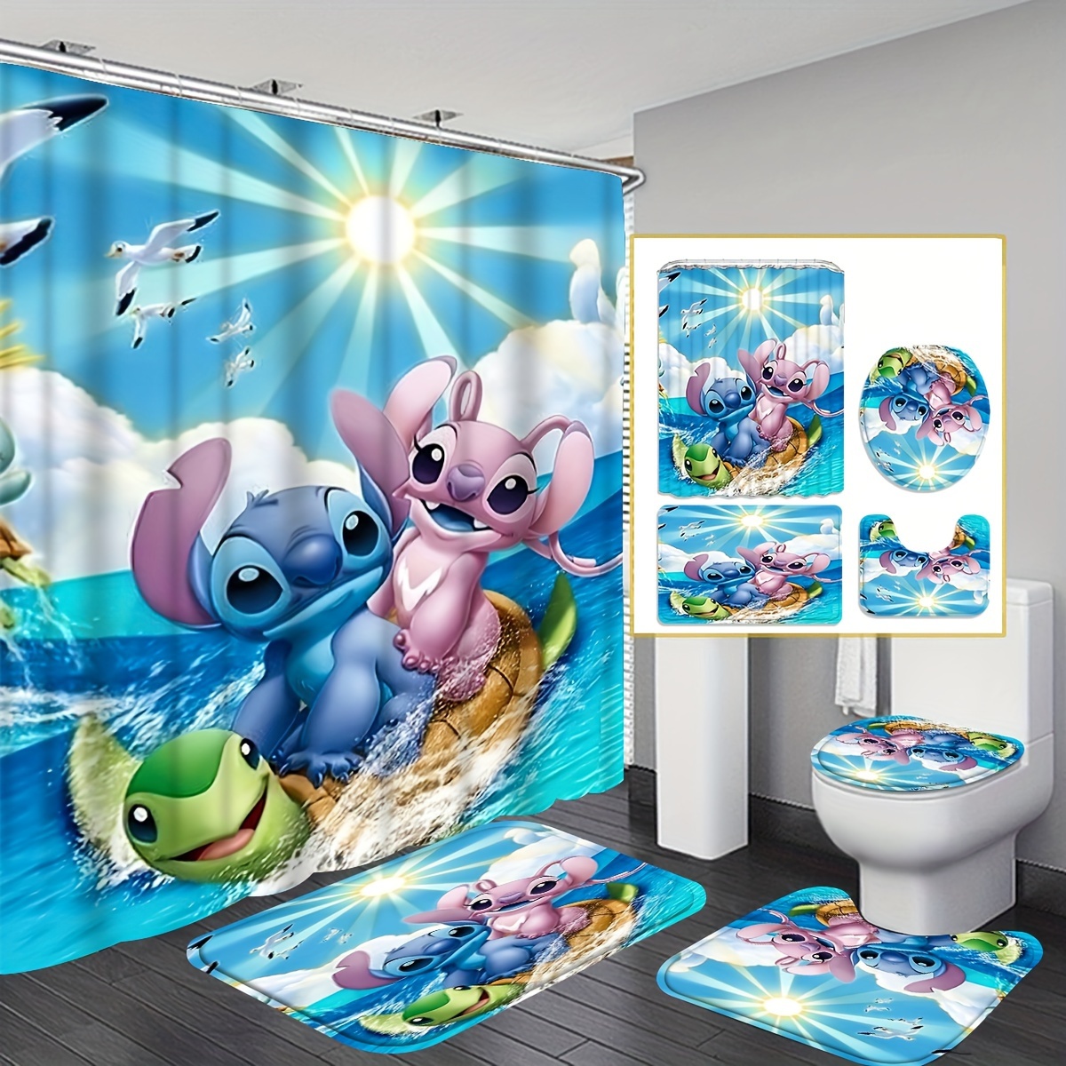 

Disney Stitch 4-piece Shower Curtain Set - Waterproof, Includes Non-slip Bath Mat, U-shaped Toilet Mat & Lid Cover With 12 Hooks - Perfect For Bathroom Decor