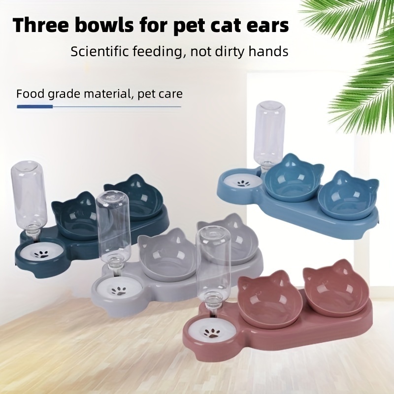 

Automatic Cat Water Dispenser With Feeder Bowls Set, 3 In 1 Raised Cat Inclined Food Bowl Snack Dish Water Basin With Gravity Water Bottle