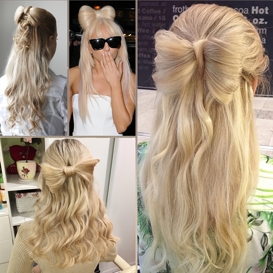 14inch 35cm bowknot synthetic hairpiece with ponytail cute natural curly hair clip in hair extensions styling clip decorative hair clip hairpieces highlight   bleach blonde   for women daily party dating christmas use details 2