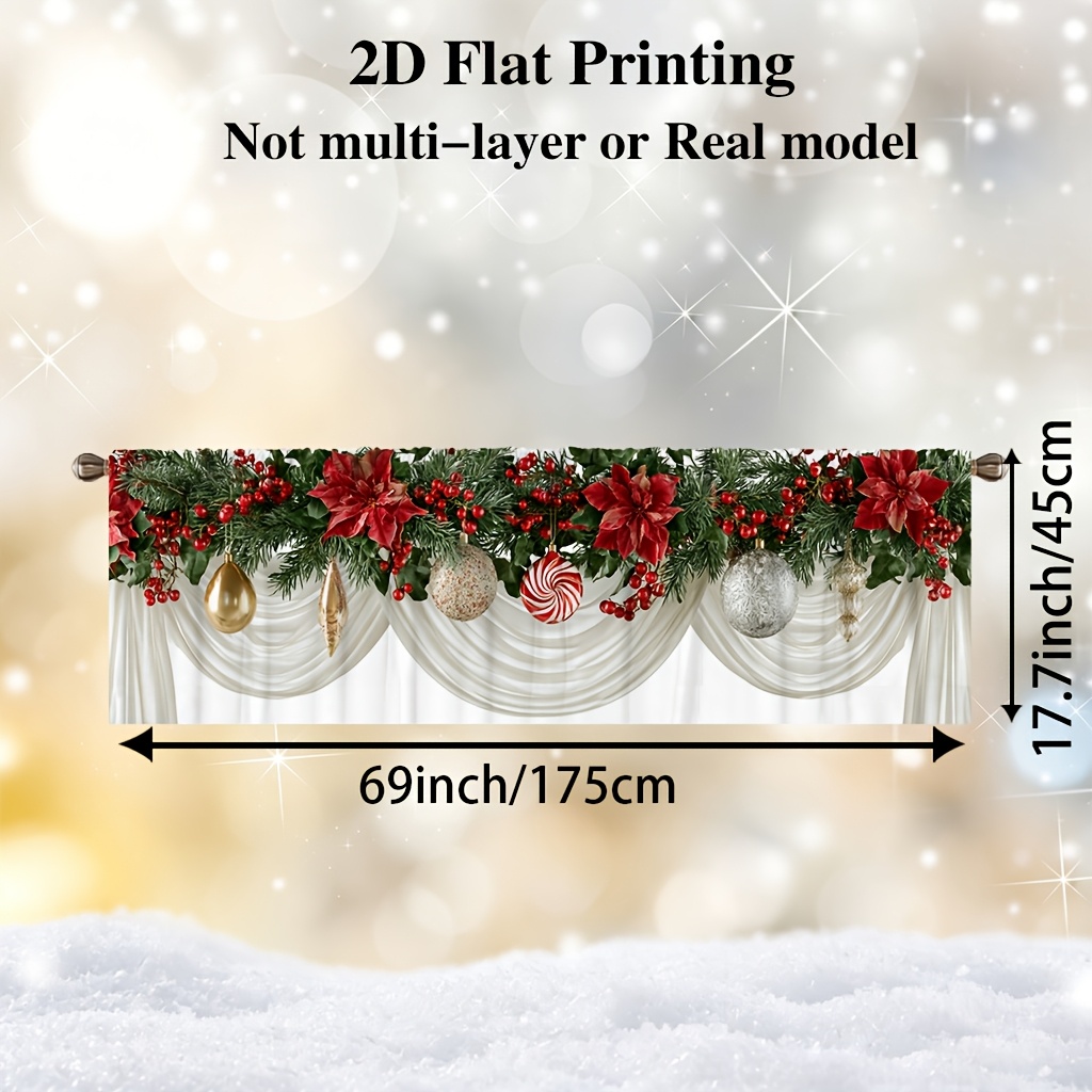 TEMU 2d Flat - 2d Flat, 1pc Christmas Decoration Short Curtain Valance, Eucalyptus And Poinsettia Pattern, Rod Pocket Short Valance For Merry Xmas