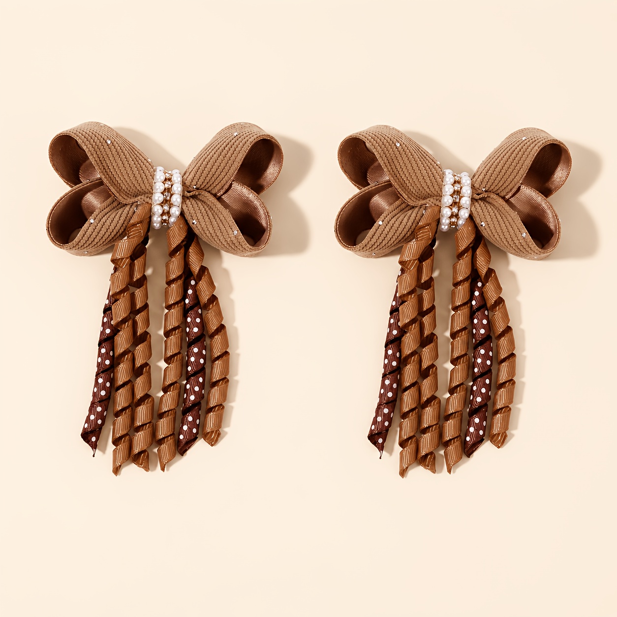 TEMU 2pcs Cute Ribbon Tassel Bow Hair Clips Rhinestone Curly Streamer Barrettes For Women, Gentle Cottagecore Hair Accessories Wedding Daily Dating