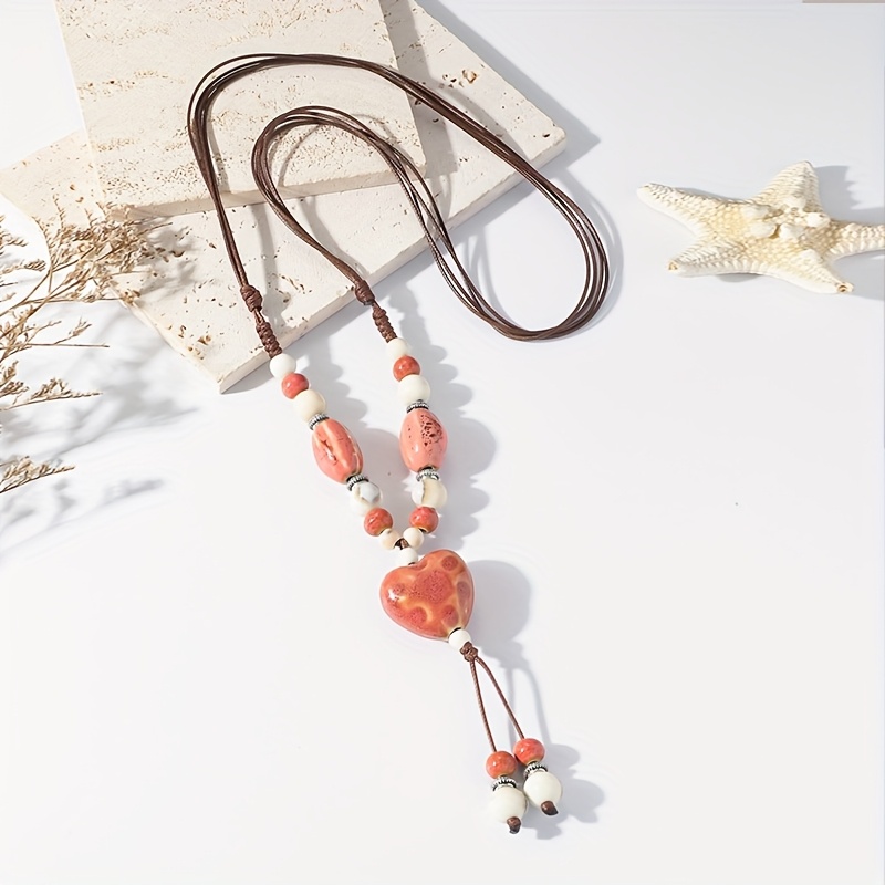 Hand Woven Beaded Ceramic Love Long Necklace for Women