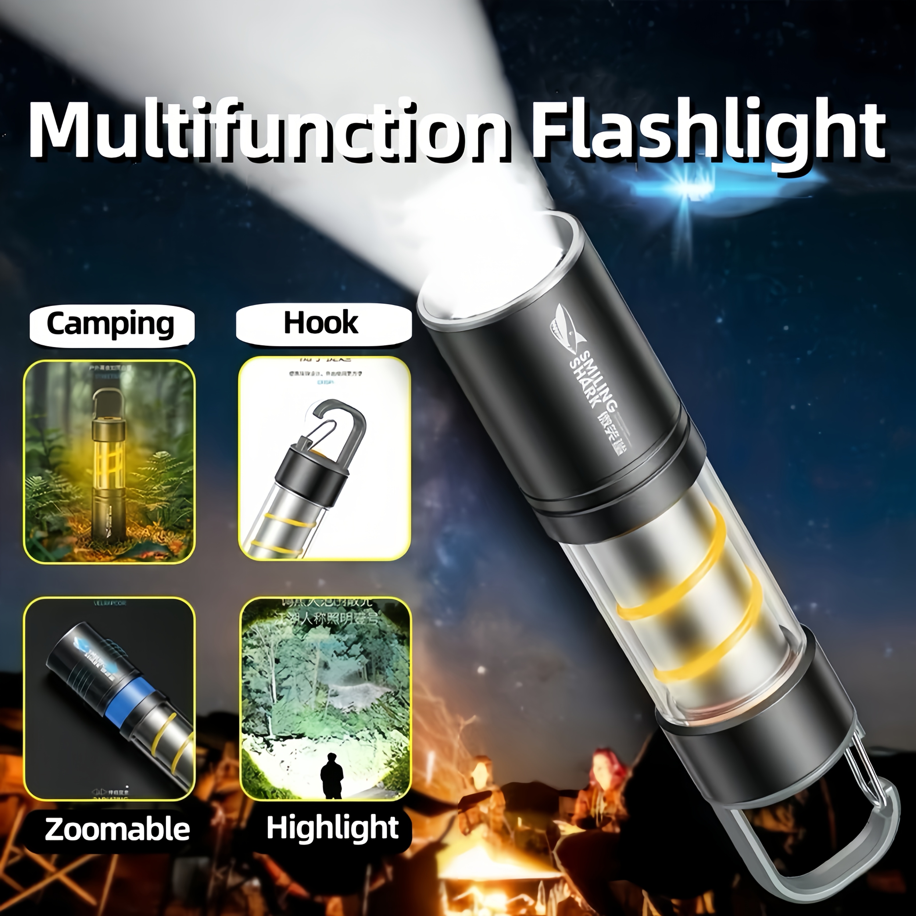 

1pc Smiling Shark Led Flashlight, 3 , Usb Rechargeable, 150 , 100m Range, Adjustable Beam, Portable & Lightweight For Camping, Hiking, Reading, Working, With Type-c Charging Cable