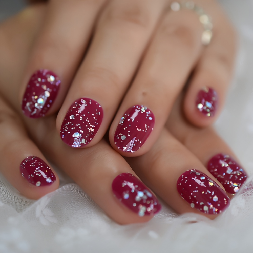 Image of 24 Unique Charm Short Oval-shaped Burgundy Glitter Fake Nails Suitable For Female For Dates And Parties