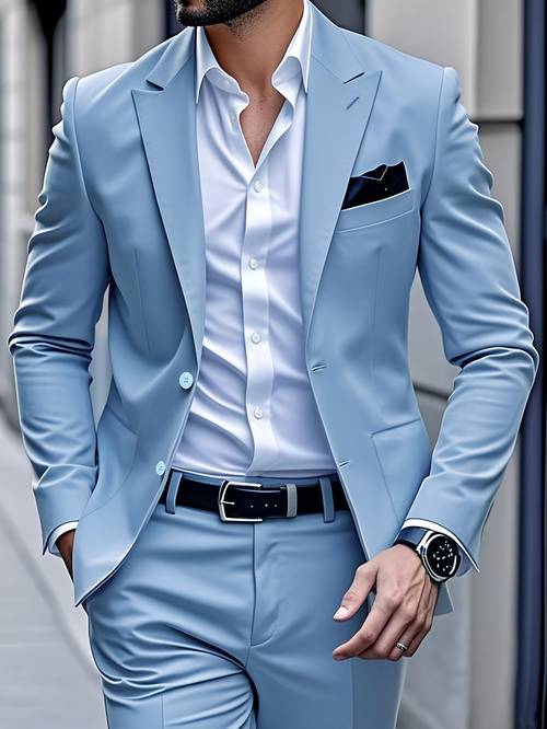 mens stylish light blue 2pcs suit set formal business wedding party wear fit with notched lapel button up shirt pants events wedding attire sophisticated style nonstretch fabric