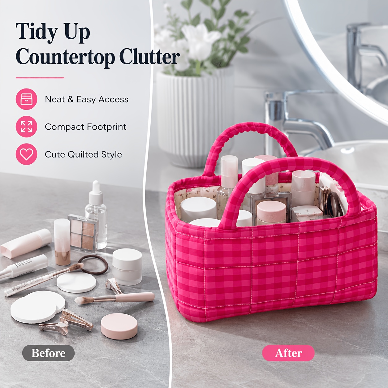 TEMU Storage Basket - French Vintage Red Gingham Fabric Storage Basket, Portable Quilted Organizer With Handles For Bathroom, Vanity, Cosmetics,