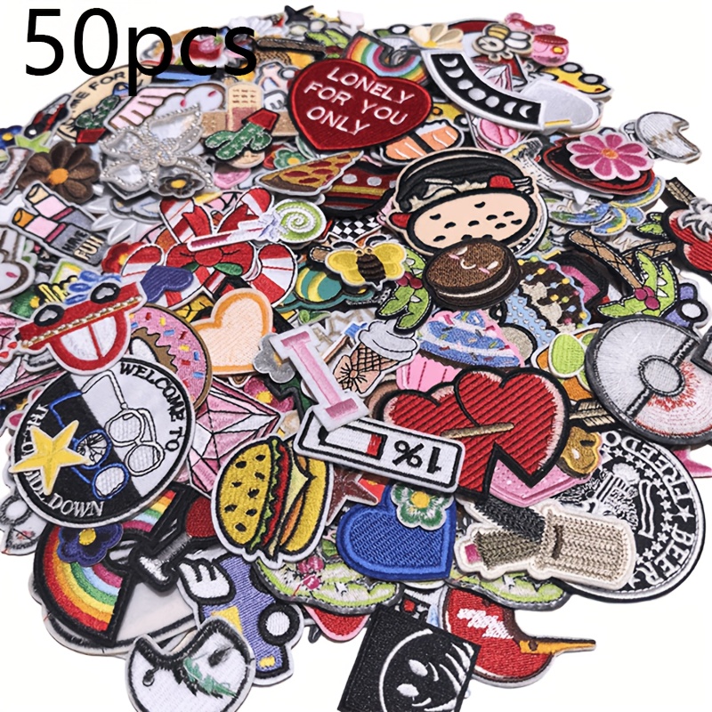 TEMU Lot de 50 pièces de patchs brodés thermocollants colorés de dessin animé, appliques pour vestes, sacs à dos, patchs décoratifs thermocollants/à