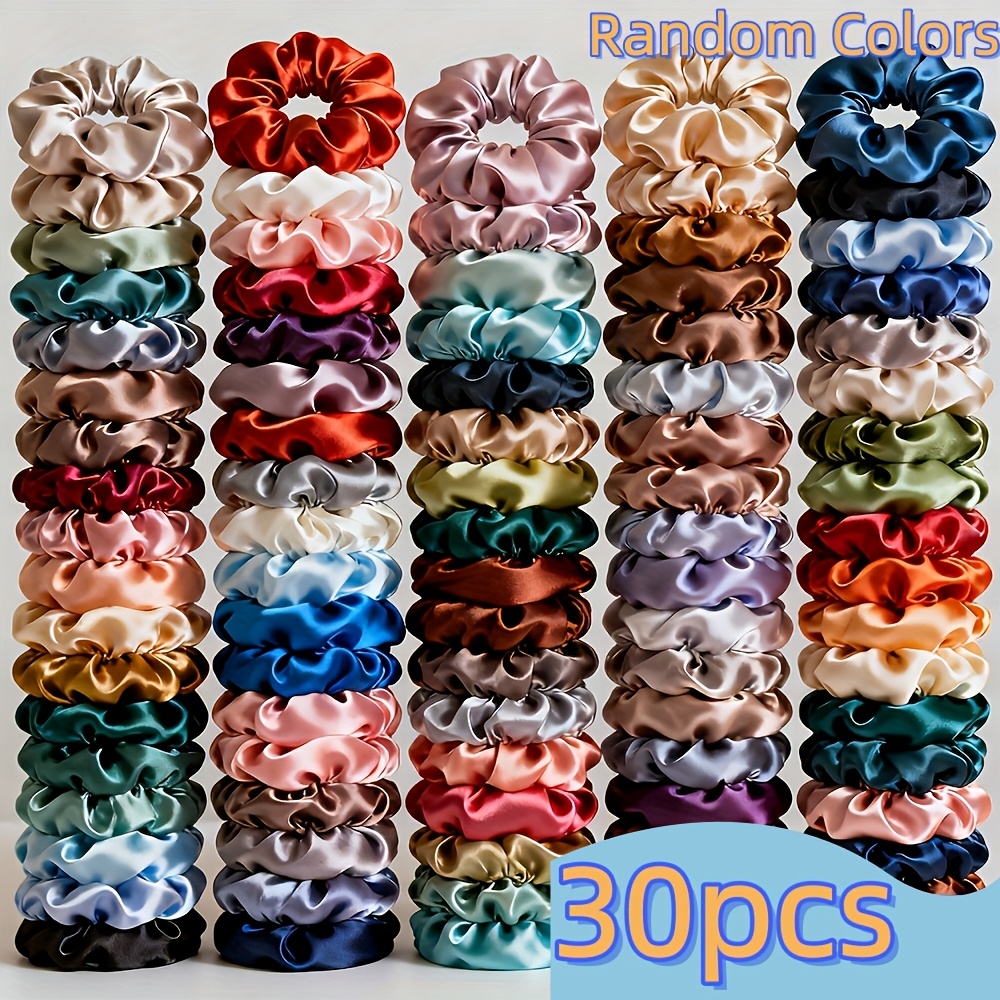 TEMU 30pcs Random Colors Women's Comfortable Satin Small And Large Hair Ties, Soft High-elasticity Hair Scrunchies Hair Bands Temperament All-match