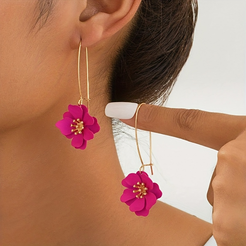 2pcs/set Elegant And Vivid Rose-red Floral Women's Pendant Earrings