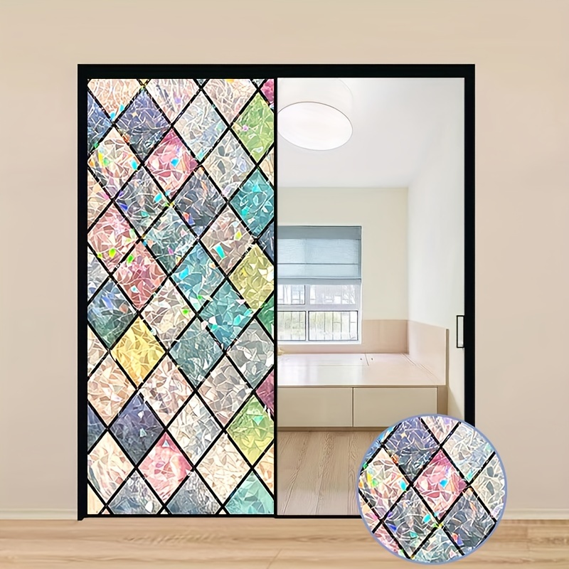 TEMU Glam Style Privacy Window Film - Plastic, Crystal Lattice Design, 10mil Thickness, Static Cling Mounting, Transparent Decorative Glass Covering