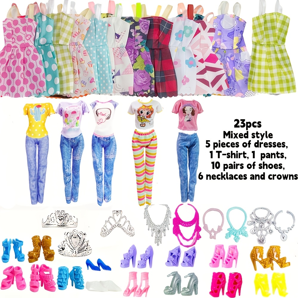 Image of Fashion Doll Dress And Shoe Accessory Set Includes 5 Dresses, , 1 Pair Of Pants, 10 Pairs Of Shoes, And 6 Necklaces/crowns. Suitable For 11.8-inch/30cm Dolls (doll Not Included)
