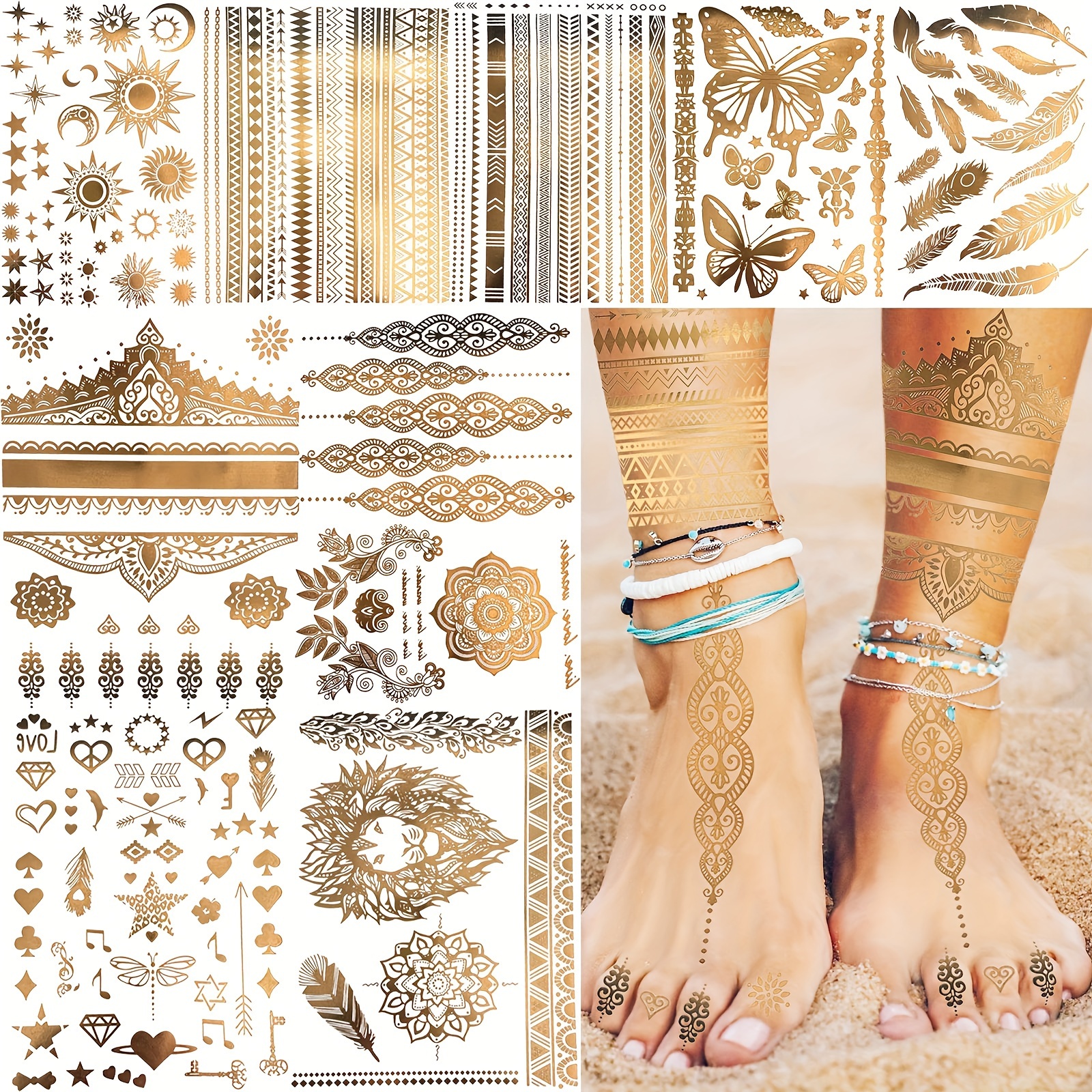 

9-sheet Metallic Temporary Tattoos In Gold - Waterproof Body Art Decals For Adults With Shimmering Lion, Butterfly, And , Long-lasting Fake Tattoo Stickers For Arms, Legs, And Body