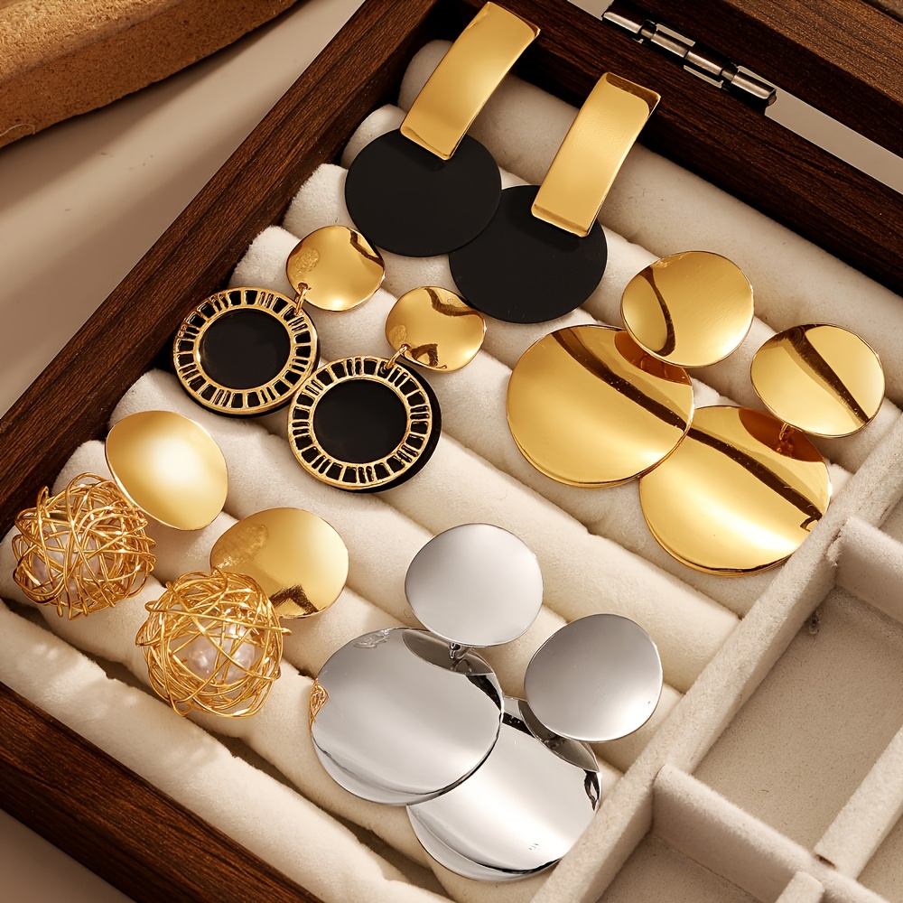 TEMU 10pcs/5 Pairs Of Elegant And Luxurious Designed Surface Circle Earrings Set For Women, Suitable For Daily Gatherings, Parties, Or Music