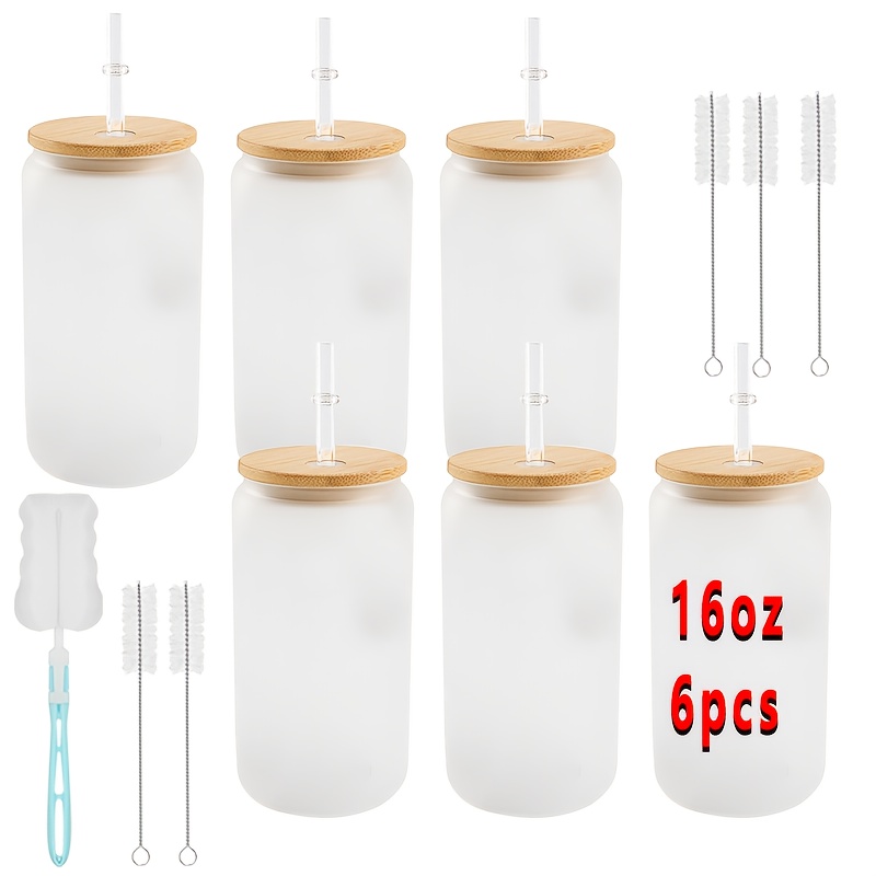 6-pack 16oz Frosted Reusable Mugs With Bamboo Lids - Perfect For Coffee, Juice, And Parties Mason Jars Set For Camping Includes Straws And Cleaning Brush