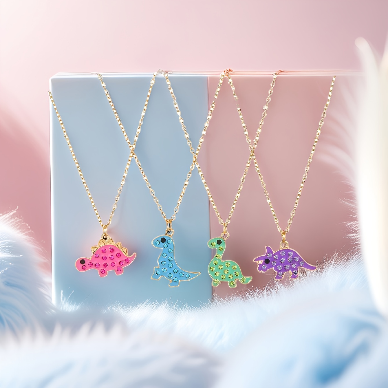 4pcs Dinosaur Pendant Necklaces for Kids, Cartoon Gift
