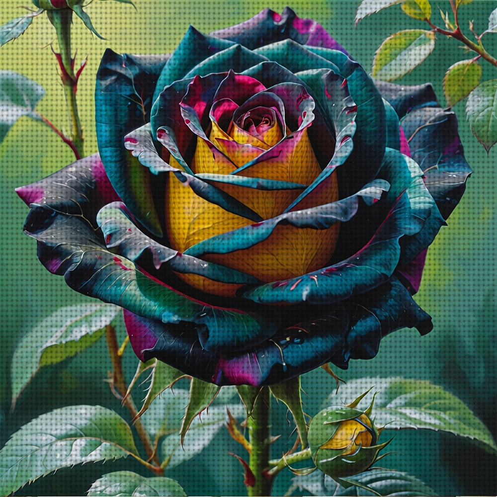 DIY Cross-Stitch Printed Kit with Colorful Roses Blooming Pattern, Unframed