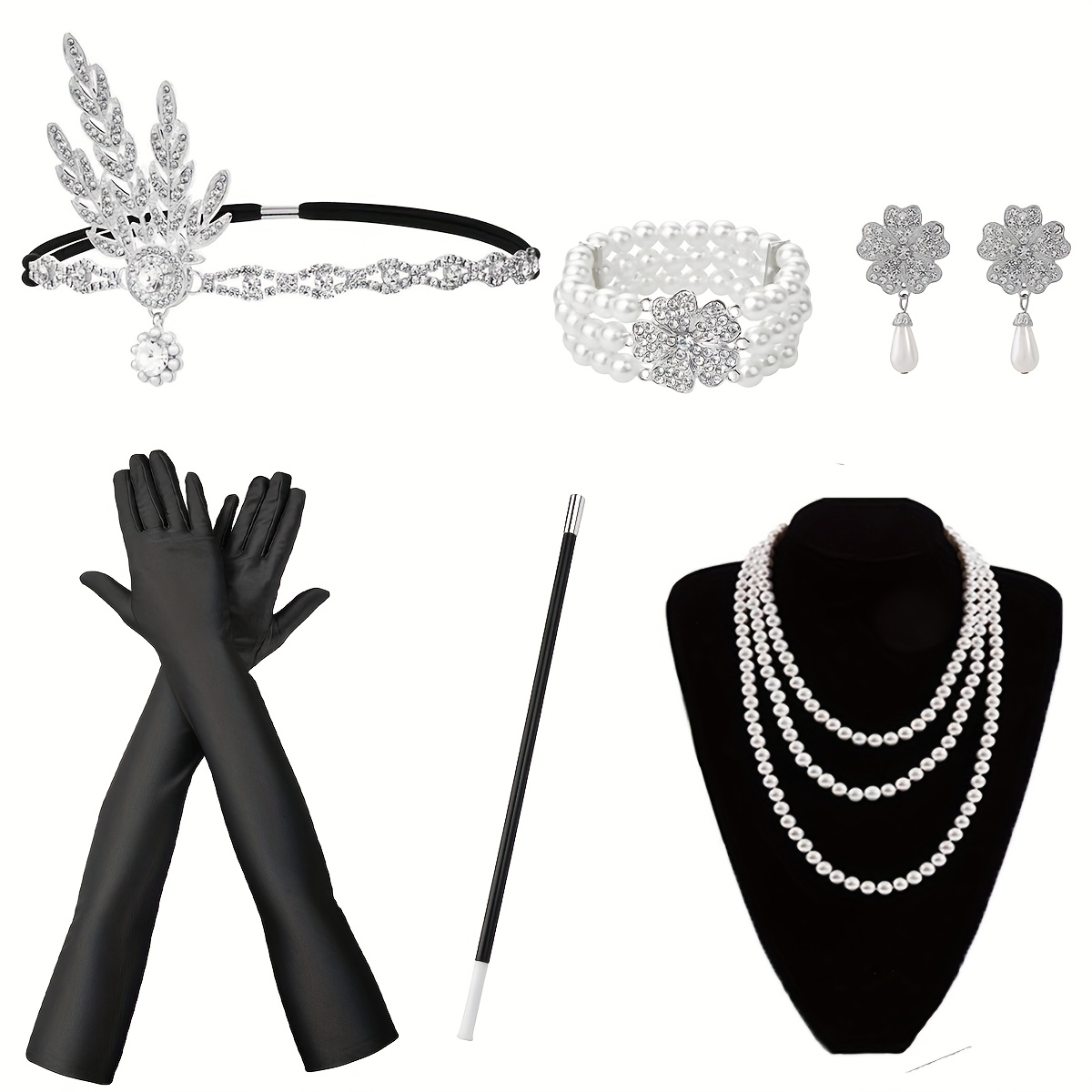 E-shop 6-teiliges 1920er Damen Hochzeitsparty Kostüm Set, inklusive Kopfschmuck, Ohrringe, Perlenarmband, lange Perlenkette, Handschuhe und Requisiten.