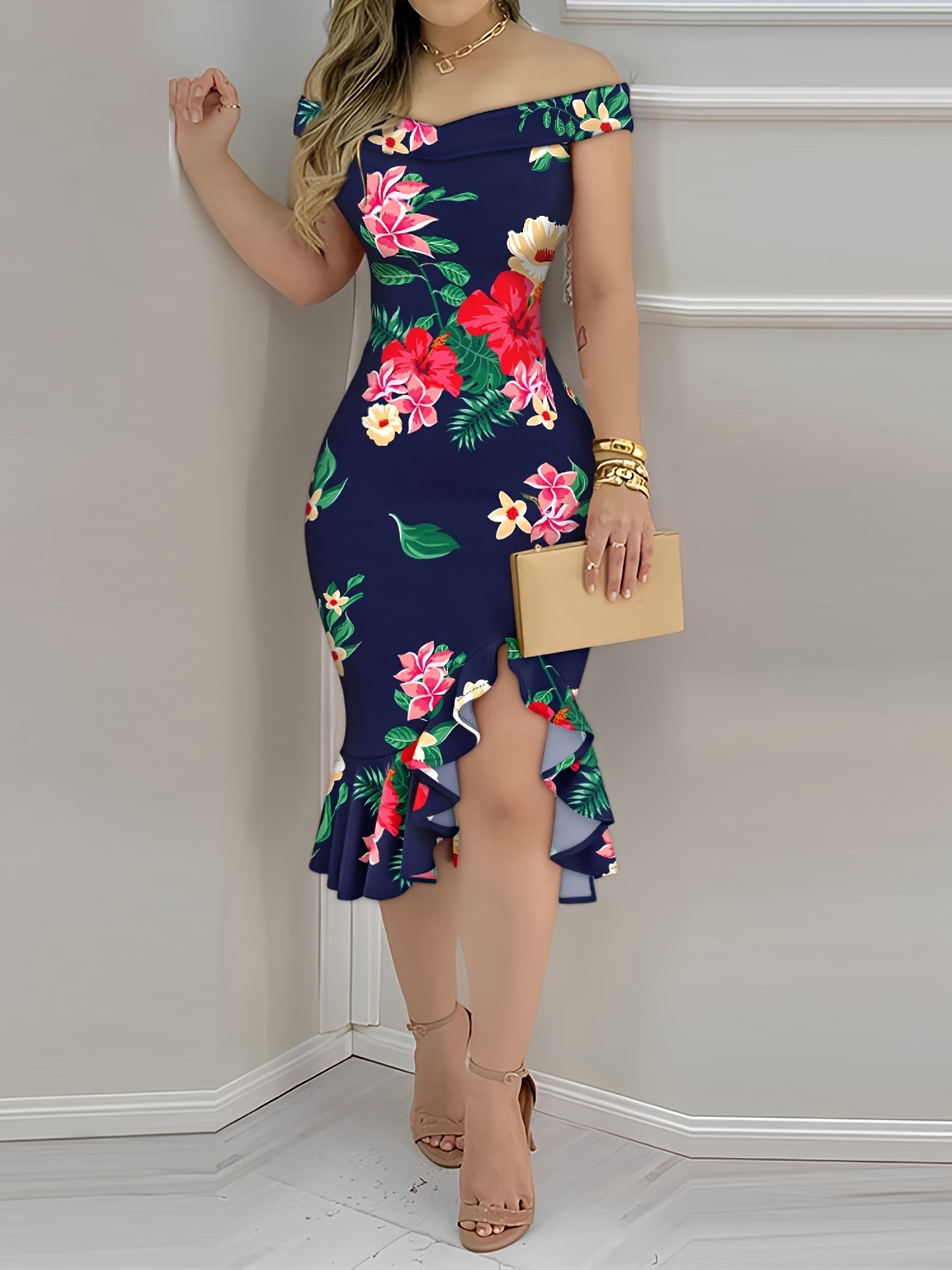 floral print shoulder ruffles hem bodycon dress slit - Temu