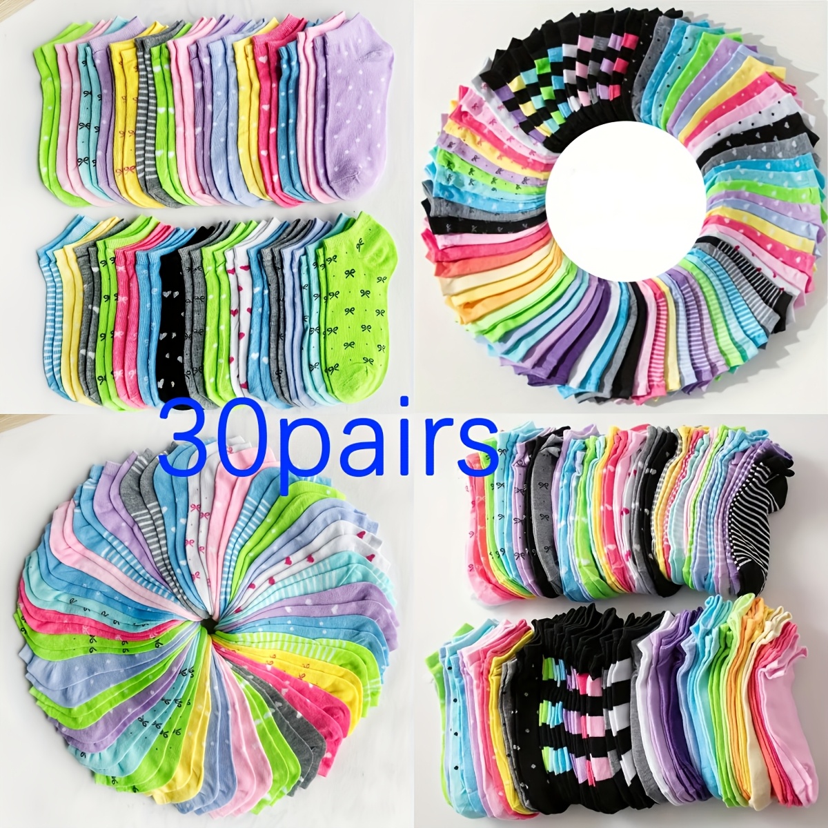 TEMU 30-pair Women's Assorted Colorful Short Socks, Colors And Styles . Suitable For Spring, Summer, And Autumn. Comfortable, Soft, Lightweight, And