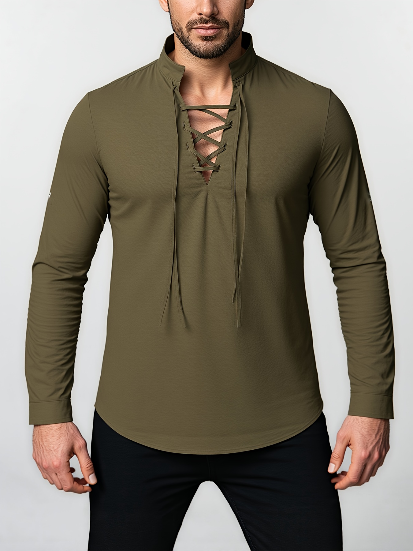 mens lightweight cotton drawstring v neck top breathable long sleeve shirt with drawstring detail multi colored retro style for spring summer autumn casual and beachwear sizes s 3xl