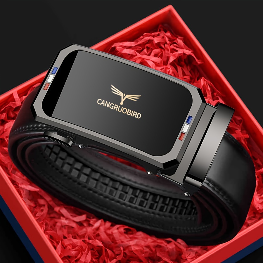 Image of 1pc Men's Adjustable Ratchet Belt - Black Casual Suit Belt With "cangruobiird" Logo, Durable Alloy , , Stylish For Everyday Attire, Everyday Belt|stylish Casual Belt|durable Alloy