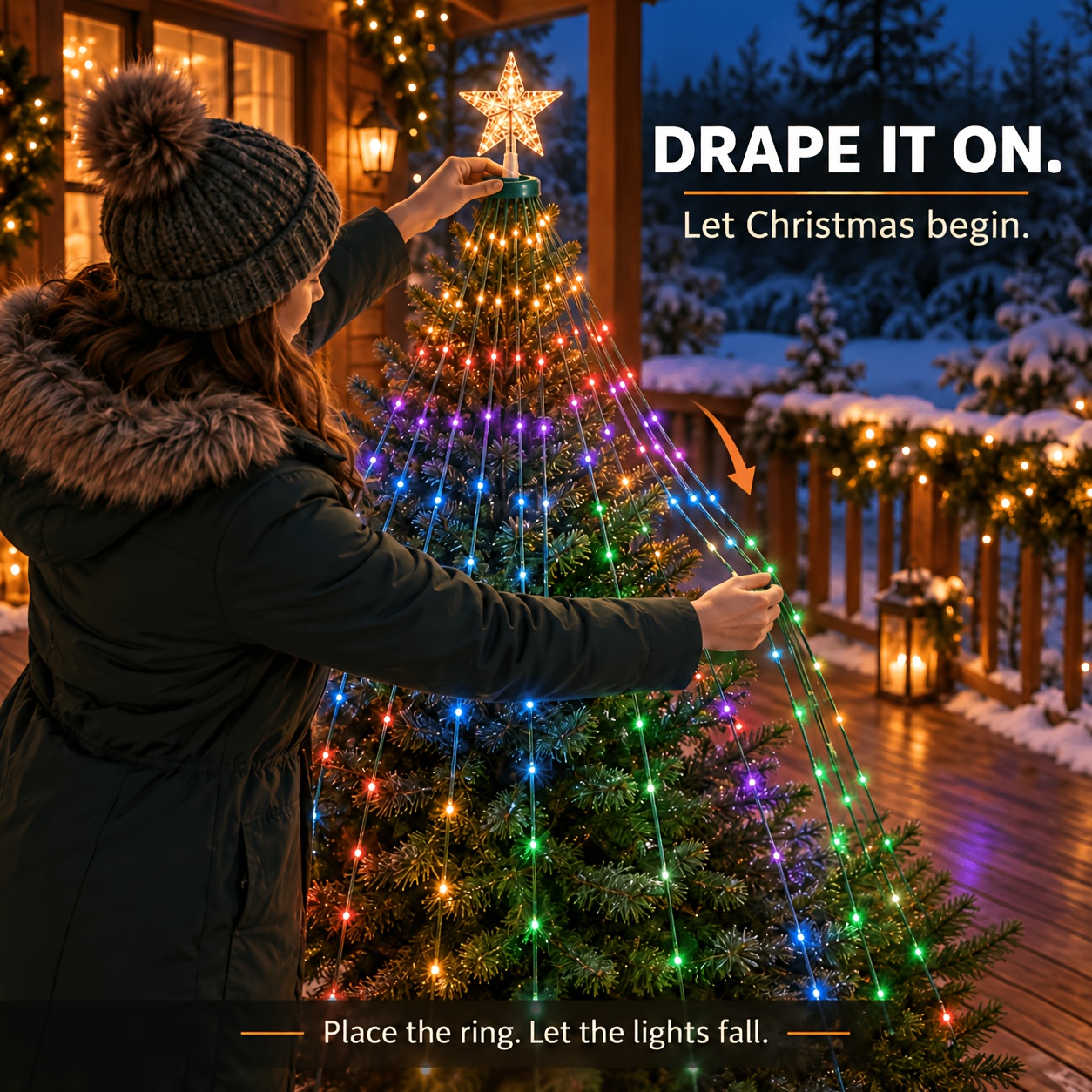 TEMU Drape-on Rgb Christmas Tree Waterfall Lights, App & Remote Control, Music Sync, 15 Lighting Effects, Timer & Memory Function, Ip65 Waterproof,