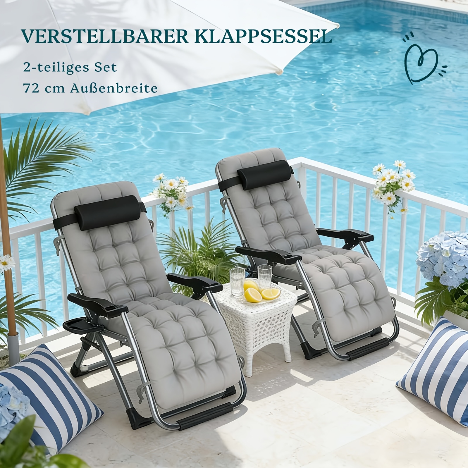 2pcs Extra Large Chairs With 72cm Width - Foldable And Adjustable, Up To 200kg, With Removable Padding, Headrest, Cup Holder, Ideal For Garden, Terrace And Balcony