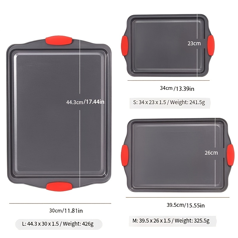 TEMU 3pcs Commercial-grade Heavy-duty Carbon Steel Baking Pan, Large Size, Small Size And Medium Size With Coating & Red Silicone Handles, Oven,