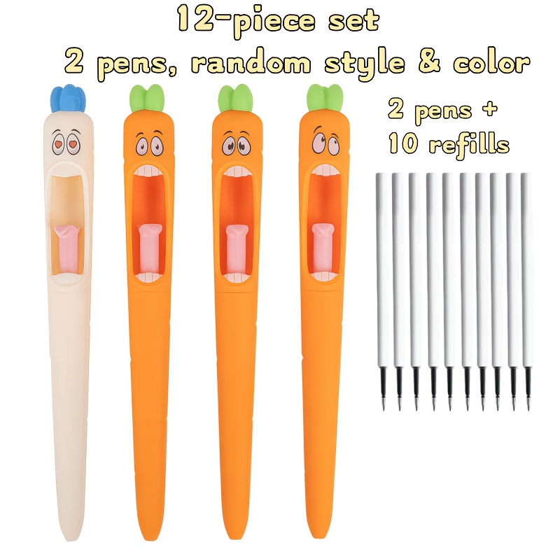 TEMU 12pcs Set [random 2pcs Pen Patterns And 10pcs Refills] Carrot Press-button Neutral Pen, Carrot-shaped Novelty Fun Press-button Pen 0.5mm, Medium