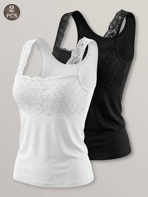 2pcs womens casual tank top padded vest solid color sleeveless u neck shirt lace strap comfortable base top