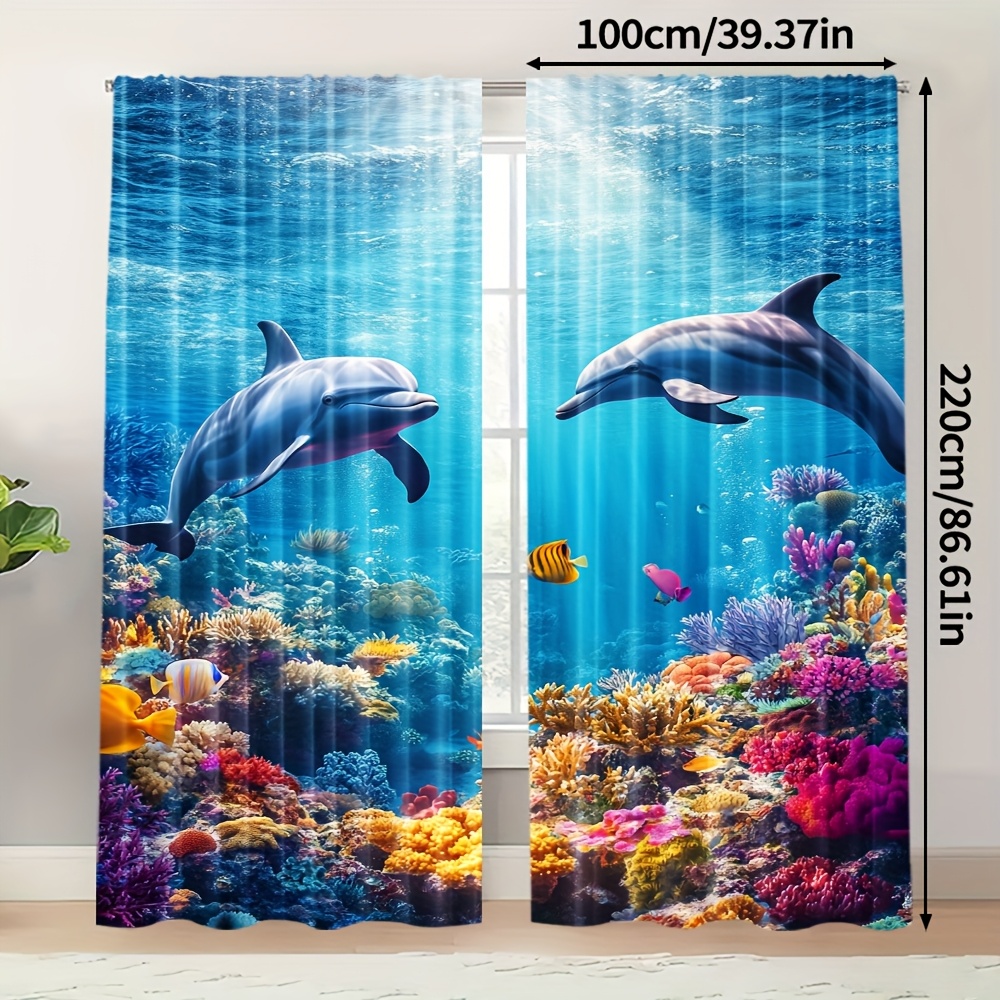TEMU 2pcs Animal Curtain Set - Dolphin Design, Durable Polyester (no Rod Or Battery Needed), Outdoor Living Decor